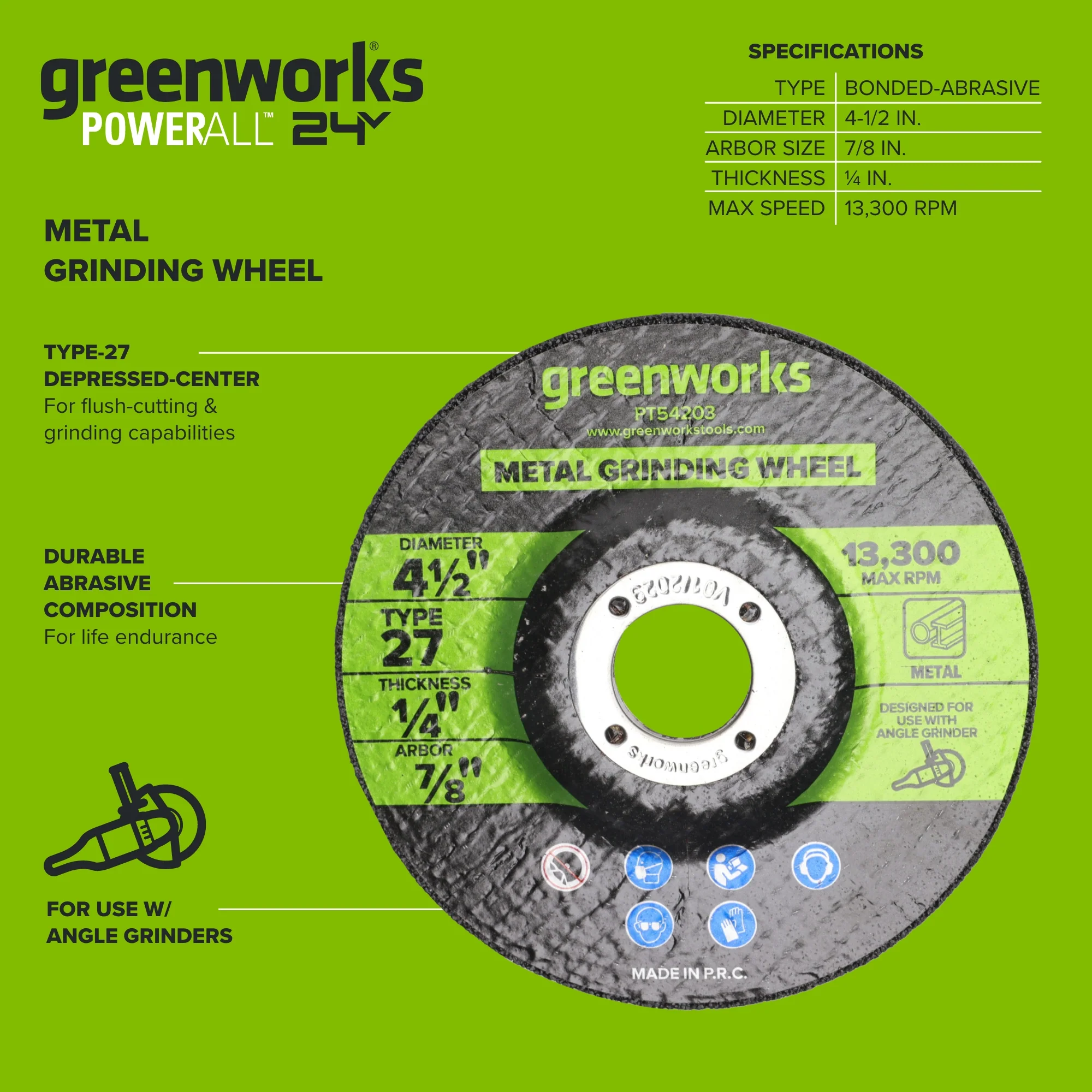 1-PC 4-1/2" Type 27 Metal Grinding Wheel 7/8" Arbor - Image 3