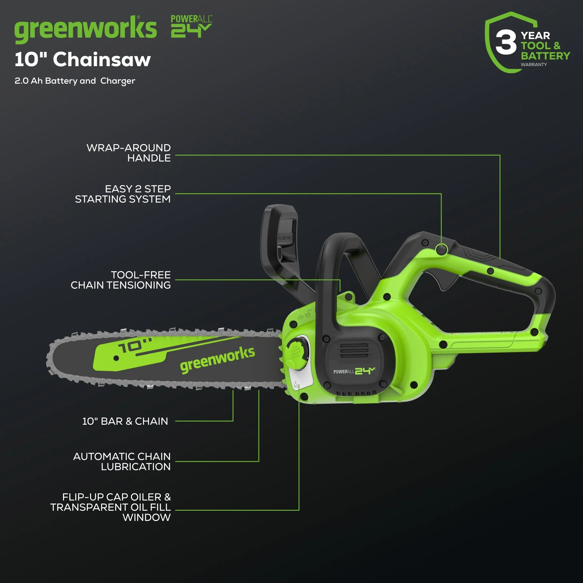 24V 10" Cordless Battery Chainsaw: 2.0 Ah USB Battery and Charger - Image 3