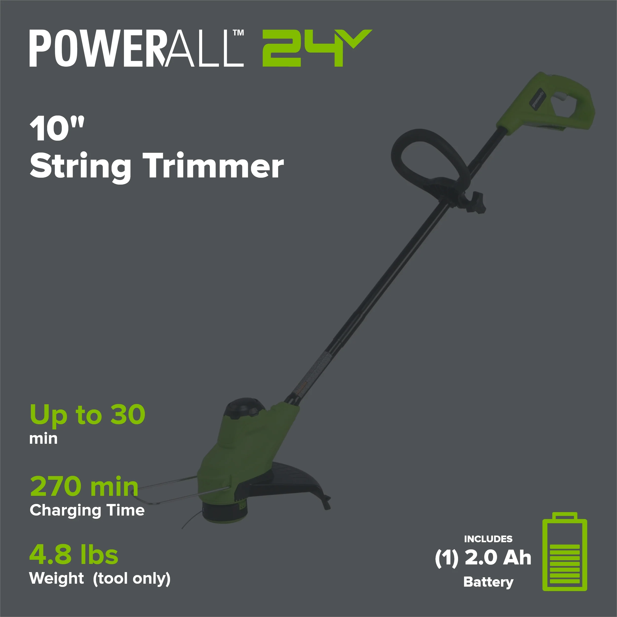 24V 10" Cordless Battery String Trimmer: 2.0 Ah Battery and Charger - Image 2
