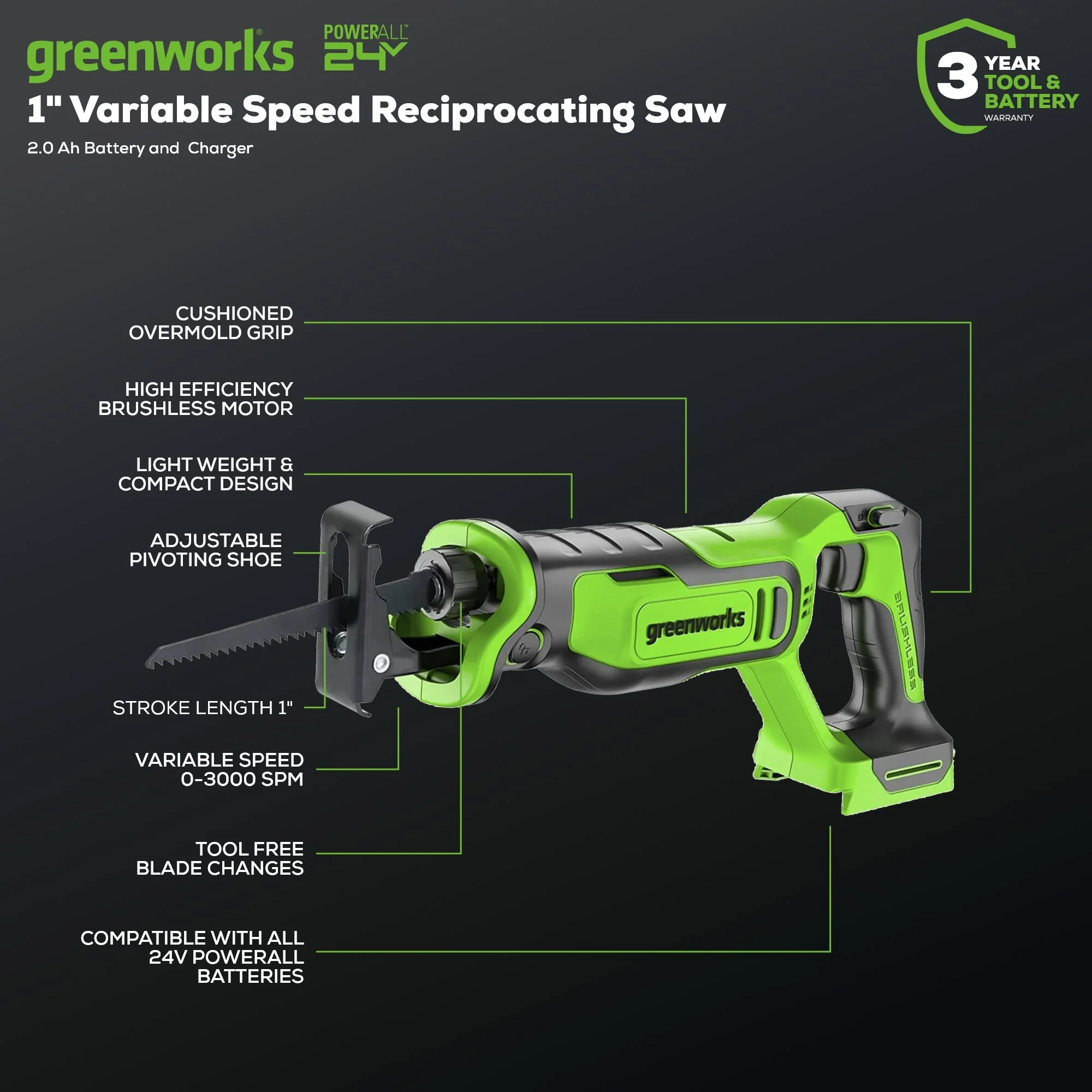 24V 6" Reciprocating Saw w/ 2.0Ah Battery & Charger - Image 3