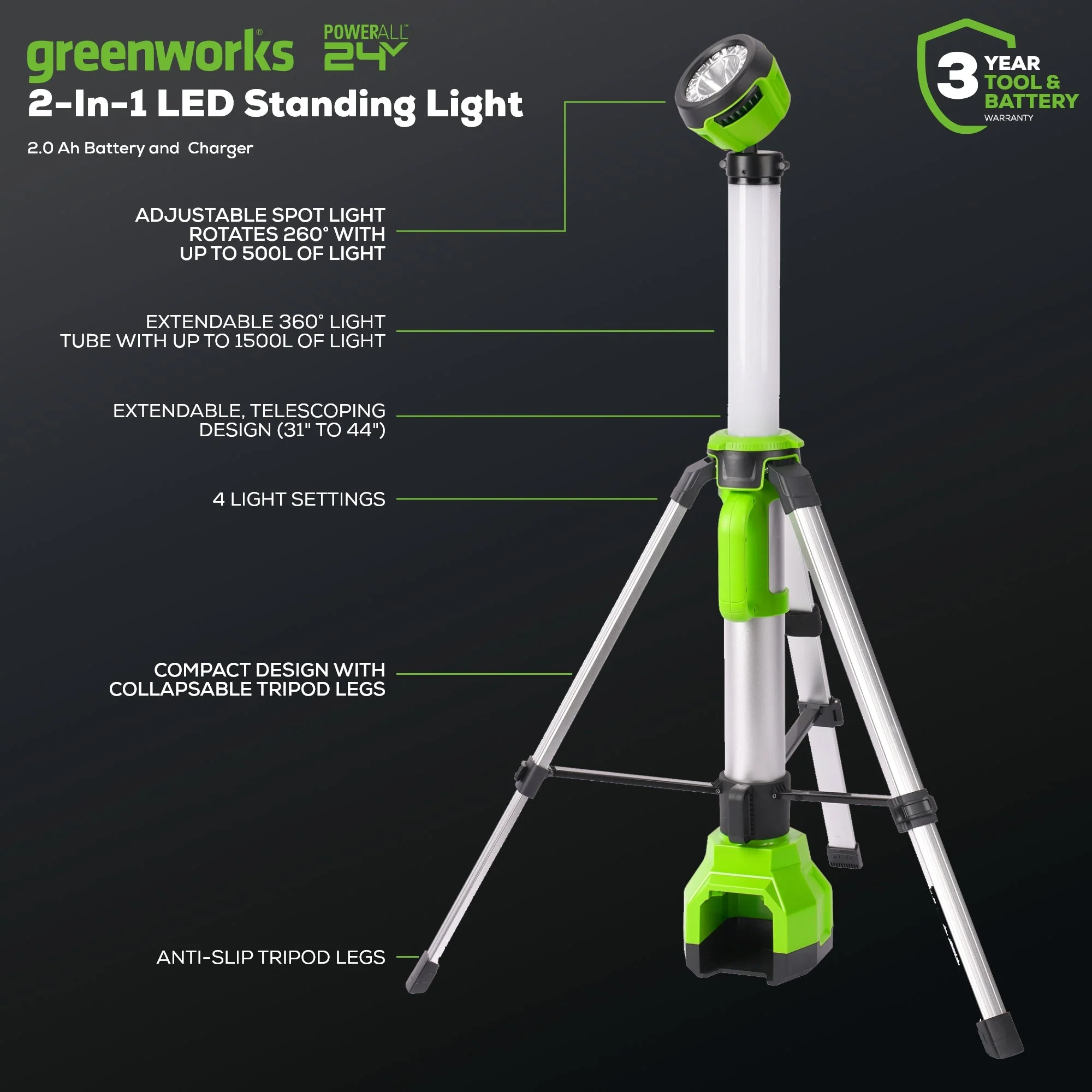 24V Cordless Battery 2-in-1 Standing Light Kit: 2.0 Ah Battery and Charger - Image 2