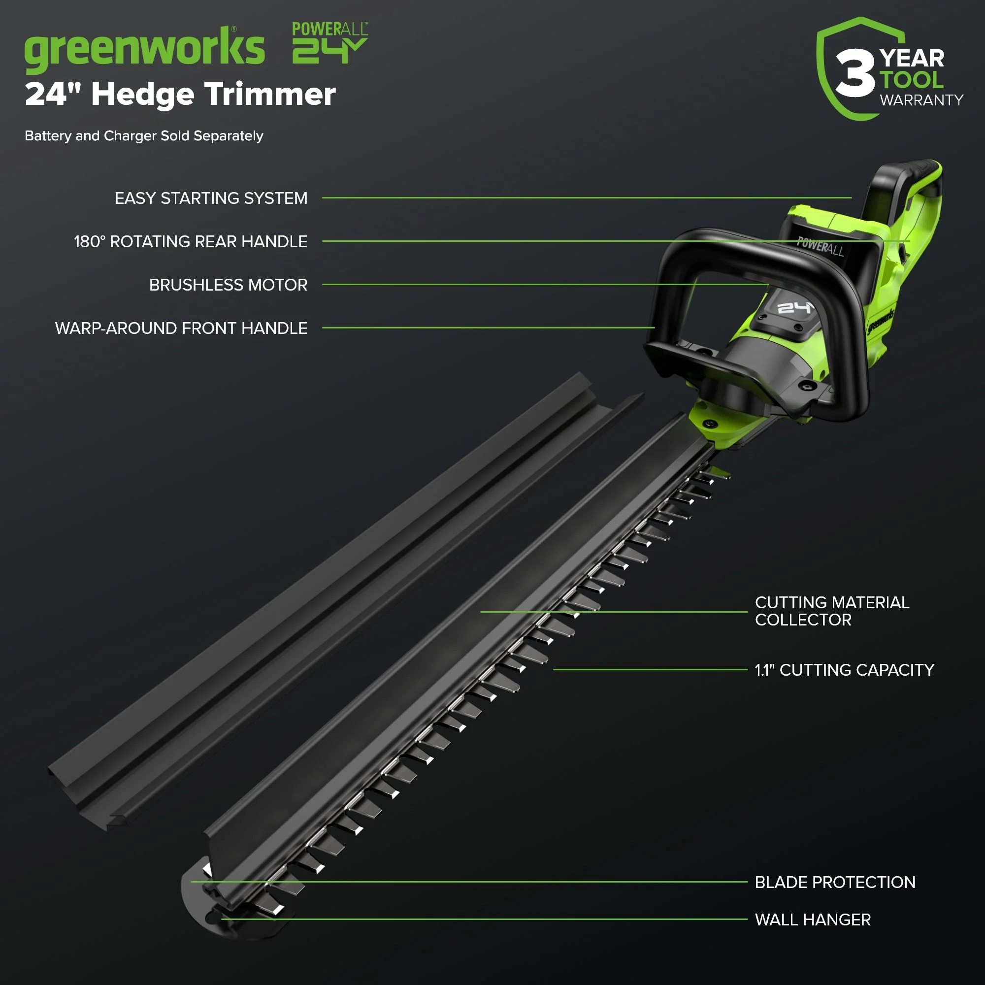 24V 24" Cordless Battery Hedge Trimmer (Tool Only) - Image 2