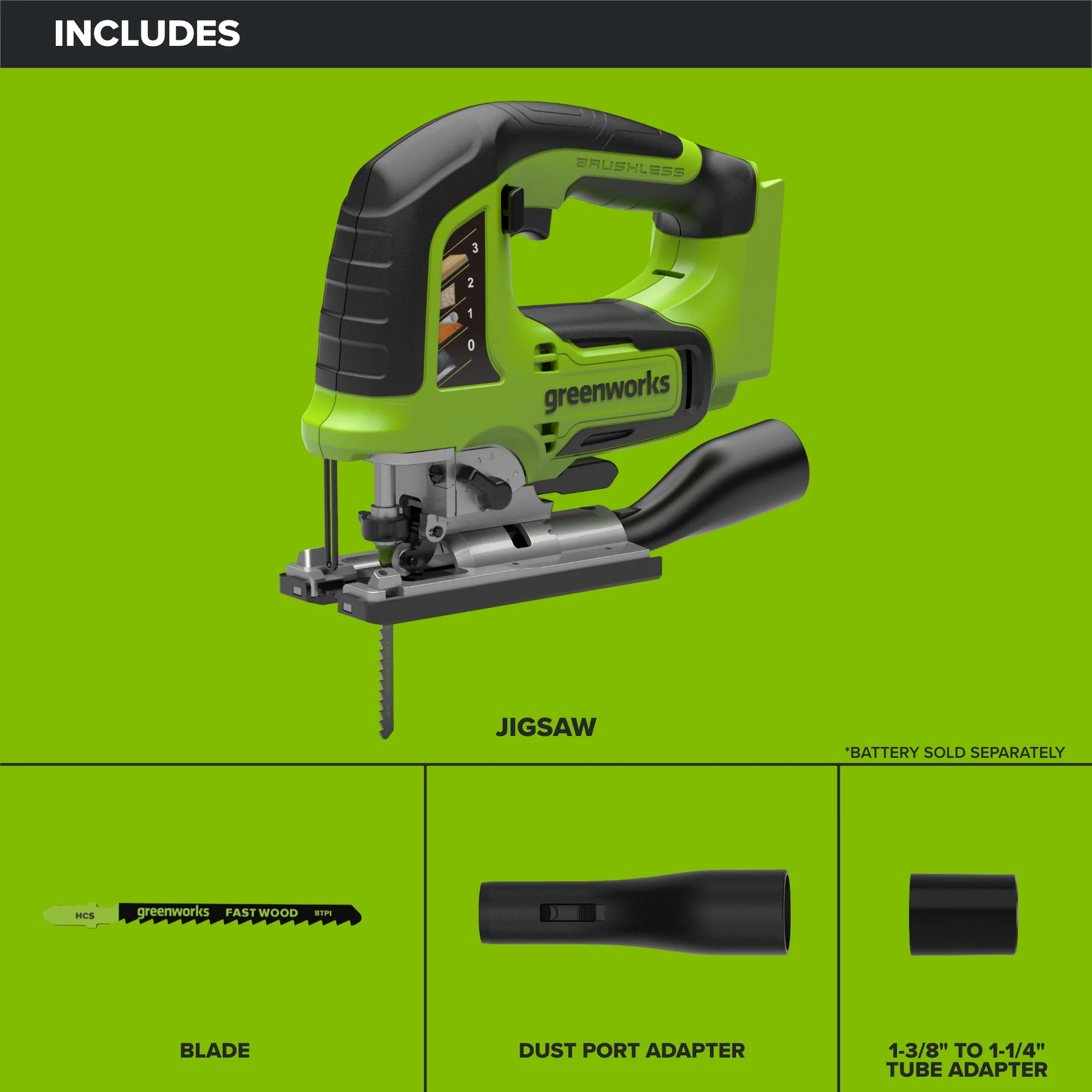 24V PowerAll Jigsaw with Blade, Dust Port Adapter, and Tube Adapter - Image 4