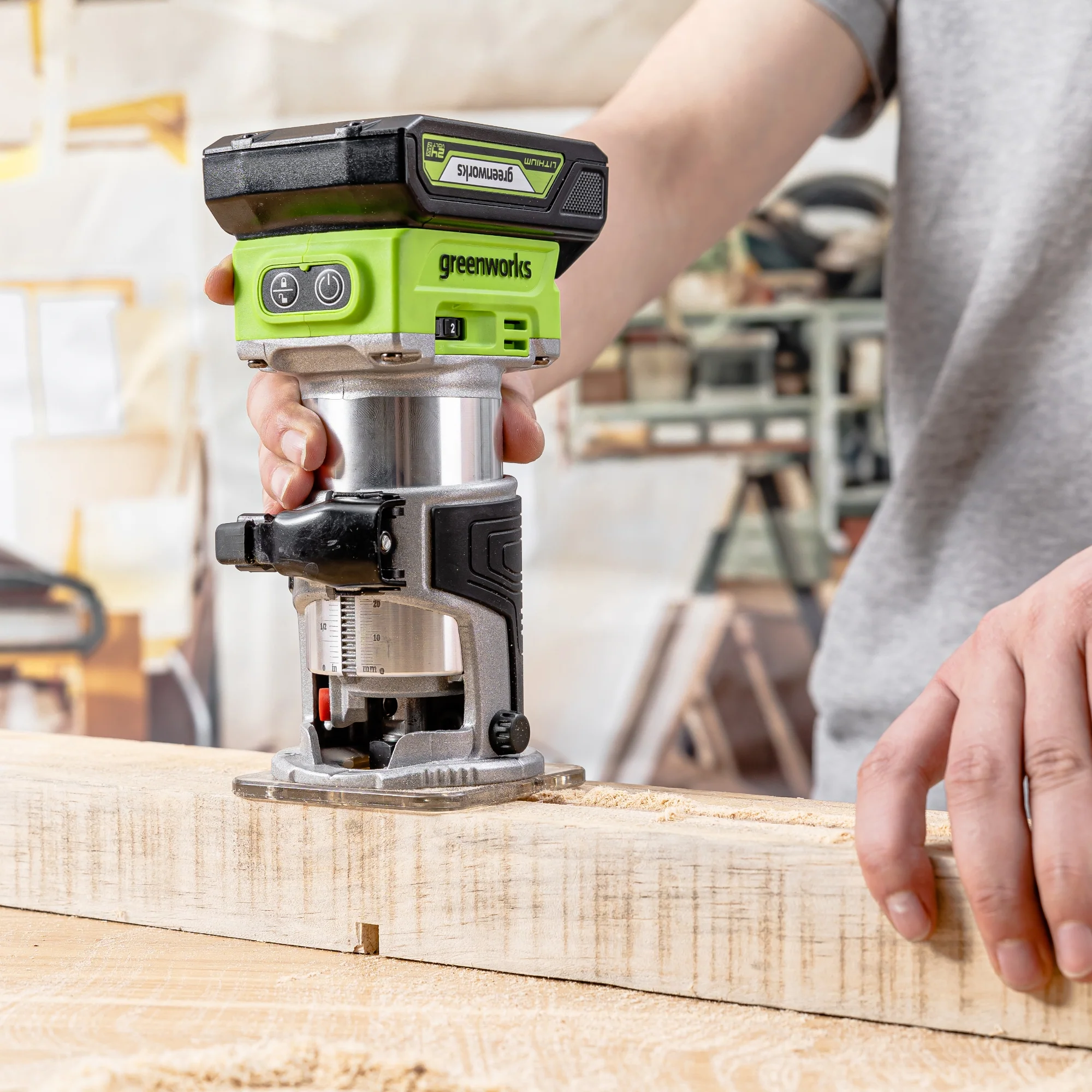 24V PowerAll Compact Router, Tool Only, with Edge Guide, Flush Trim Bit, Socket and Collet Wrenches, Bit Holder and Vacuum Dust Adaptor - Image 3