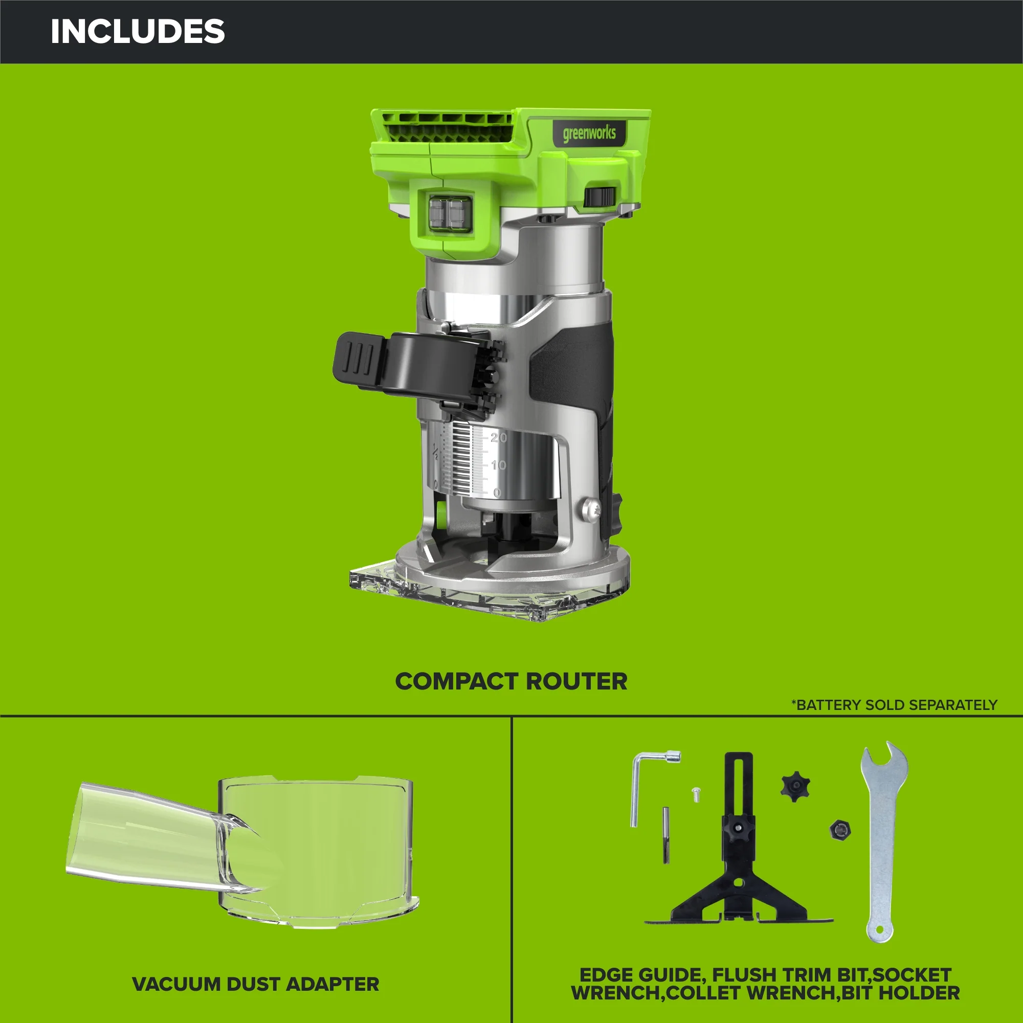 24V PowerAll Compact Router, Tool Only, with Edge Guide, Flush Trim Bit, Socket and Collet Wrenches, Bit Holder and Vacuum Dust Adaptor - Image 4
