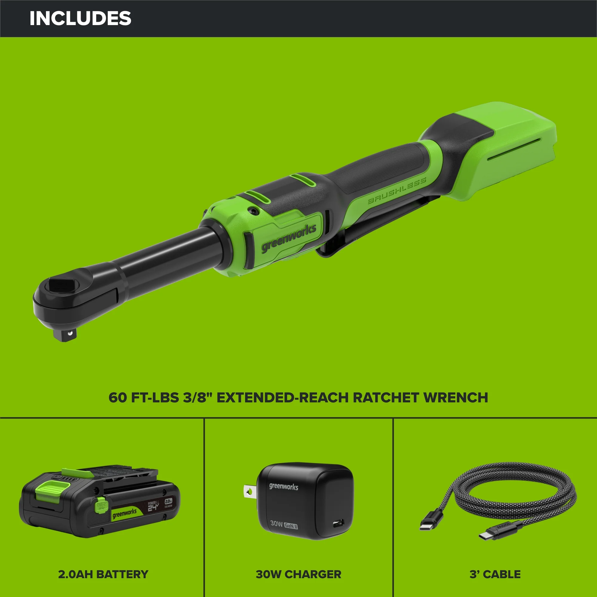24V PowerAll 60 ft-lb 3/8" Extended Reach Ratchet Wrench, with 2.0 Ah Battery, 30W Charger, and 3' Cable - Image 4