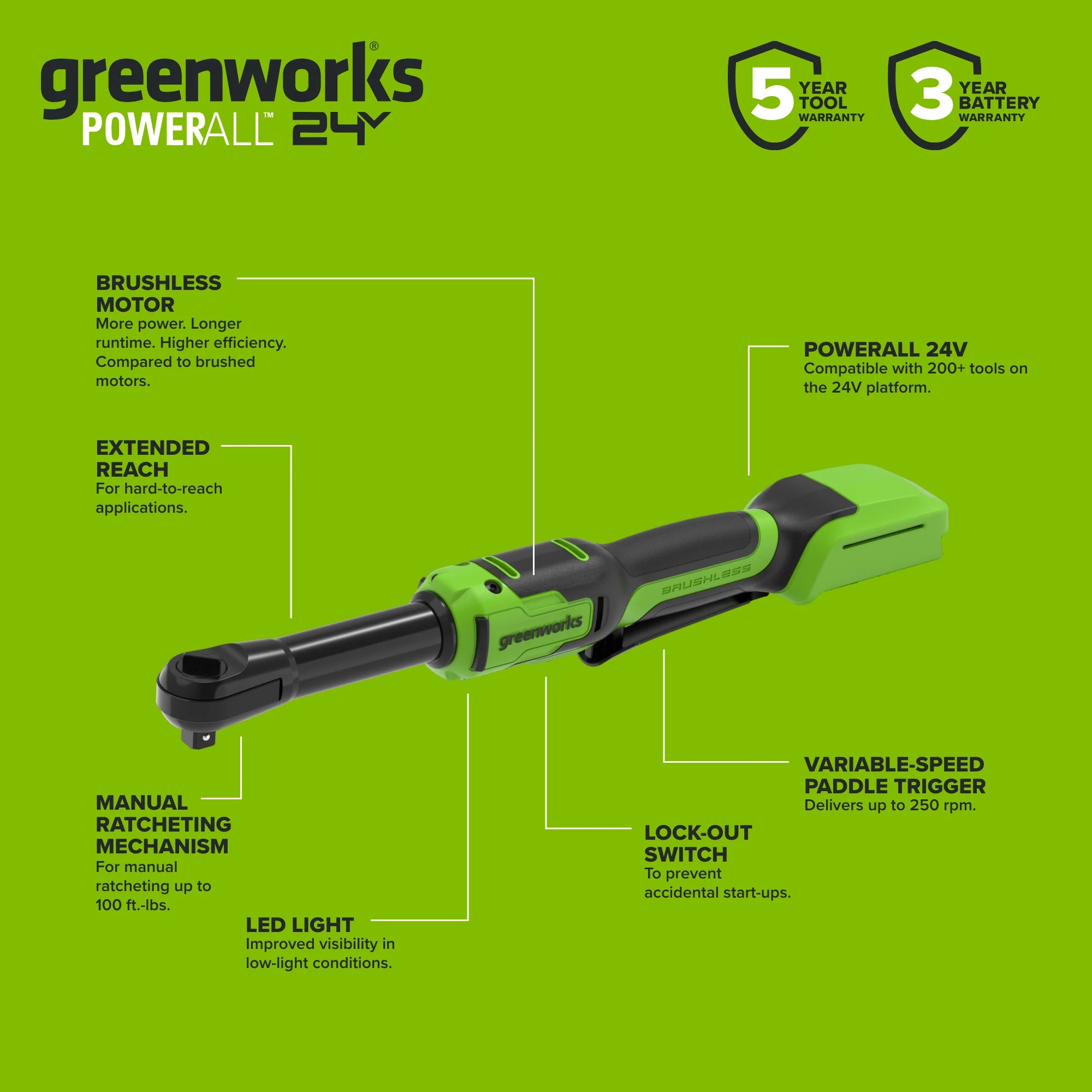 24V PowerAll 60 ft-lb 3/8" Extended Reach Ratchet Wrench, with 2.0 Ah Battery, 30W Charger, and 3' Cable - Image 5