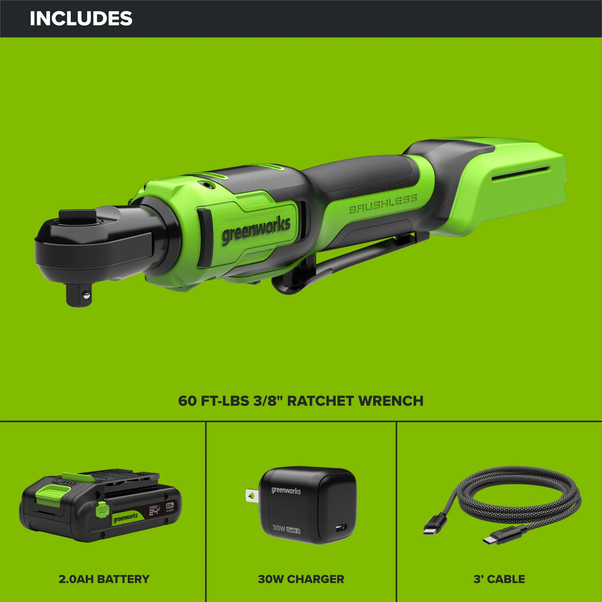 24V PowerAll 60 ft-lb 3/8" Ratchet Wrench, with 2.0 Ah Battery, 30W Charger, and 3' Cable - Image 4