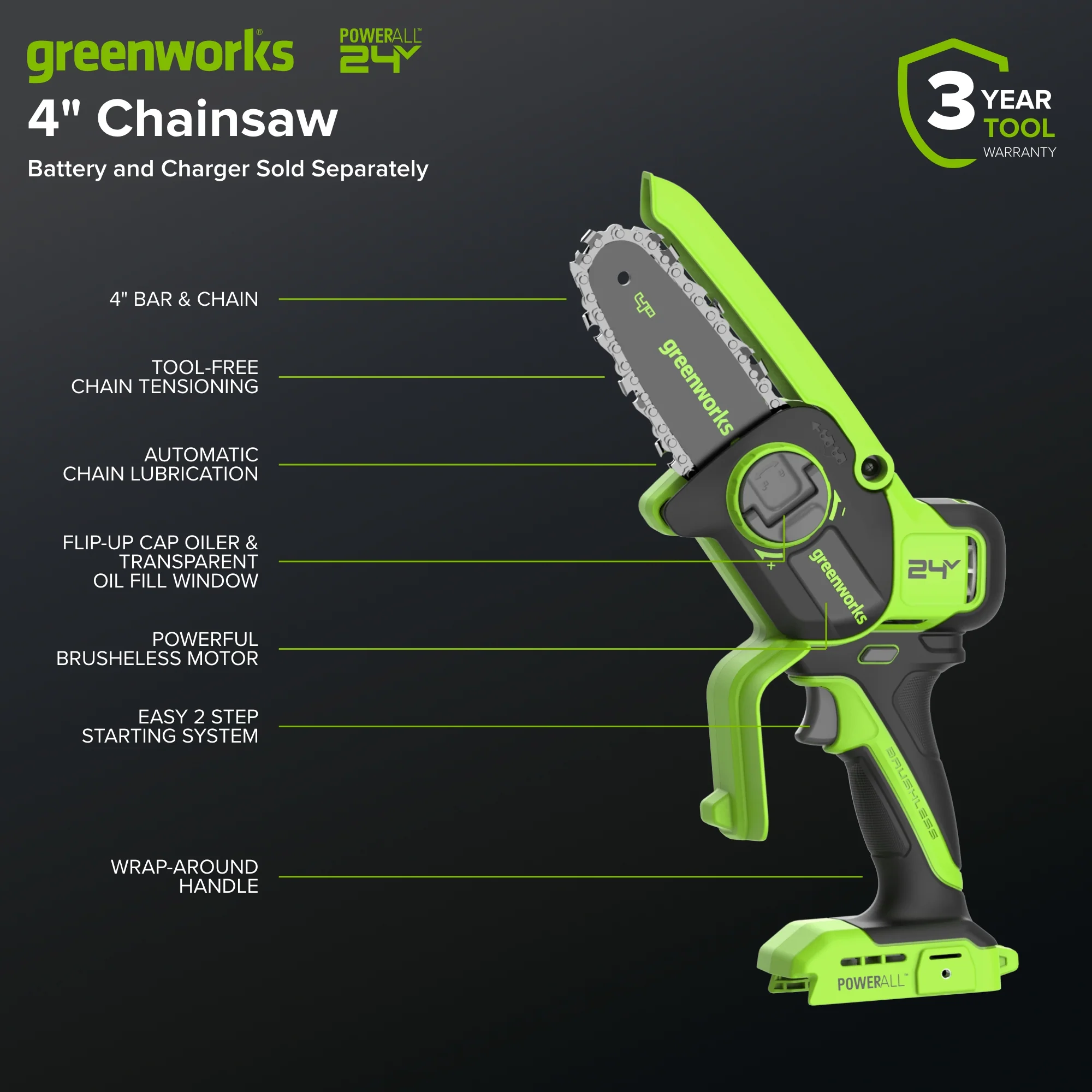 24V 4” Cordless Battery Brushless Pruner Saw (Tool Only) - Image 3