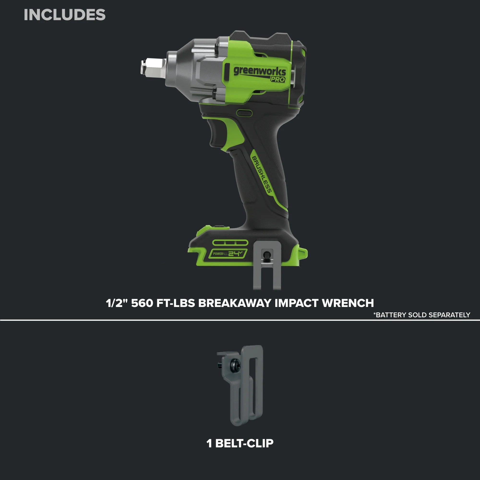 24V PowerAll Pro 560 ft-lb Breakaway Torque 1/2" Impact Wrench, Tool Only - Image 4