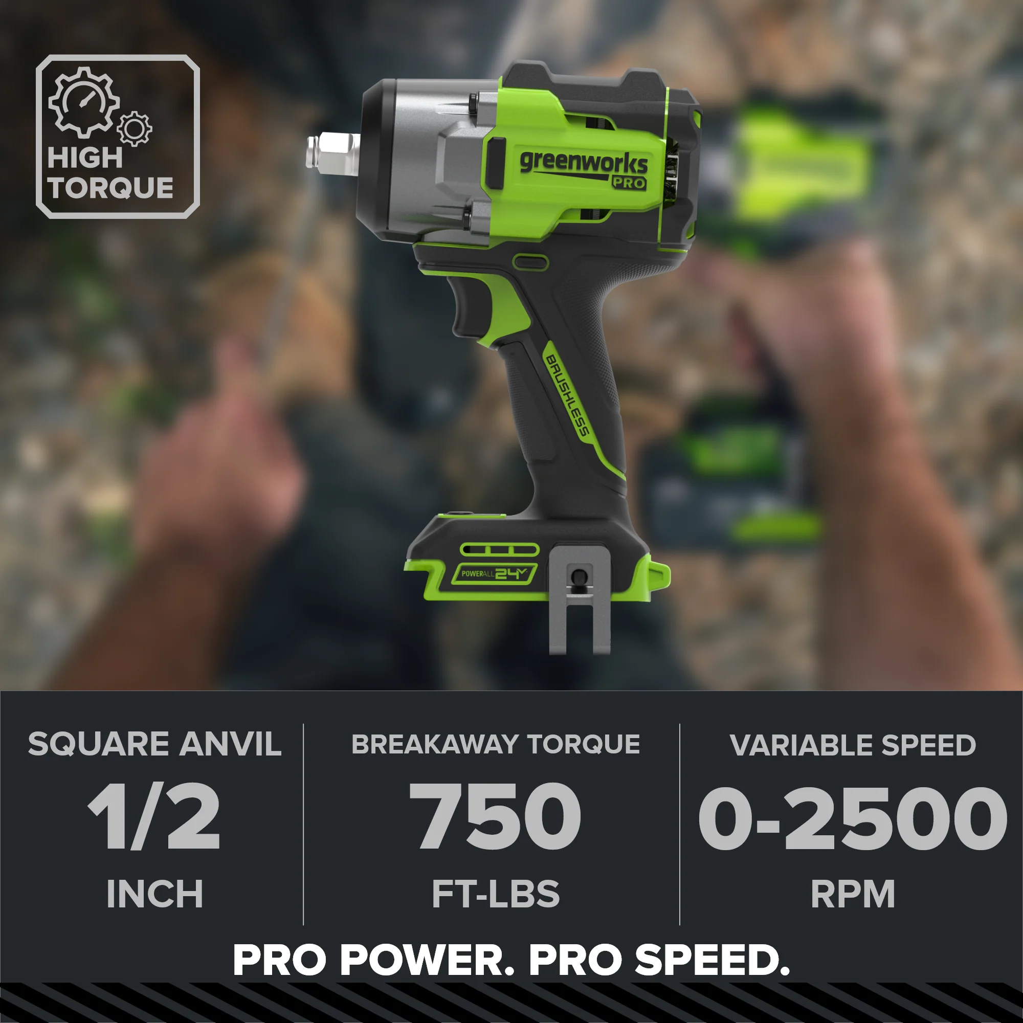 24V PowerAll Pro 750 ft-lb Breakaway Torque 1/2" Impact Wrench, Tool Only - Image 2
