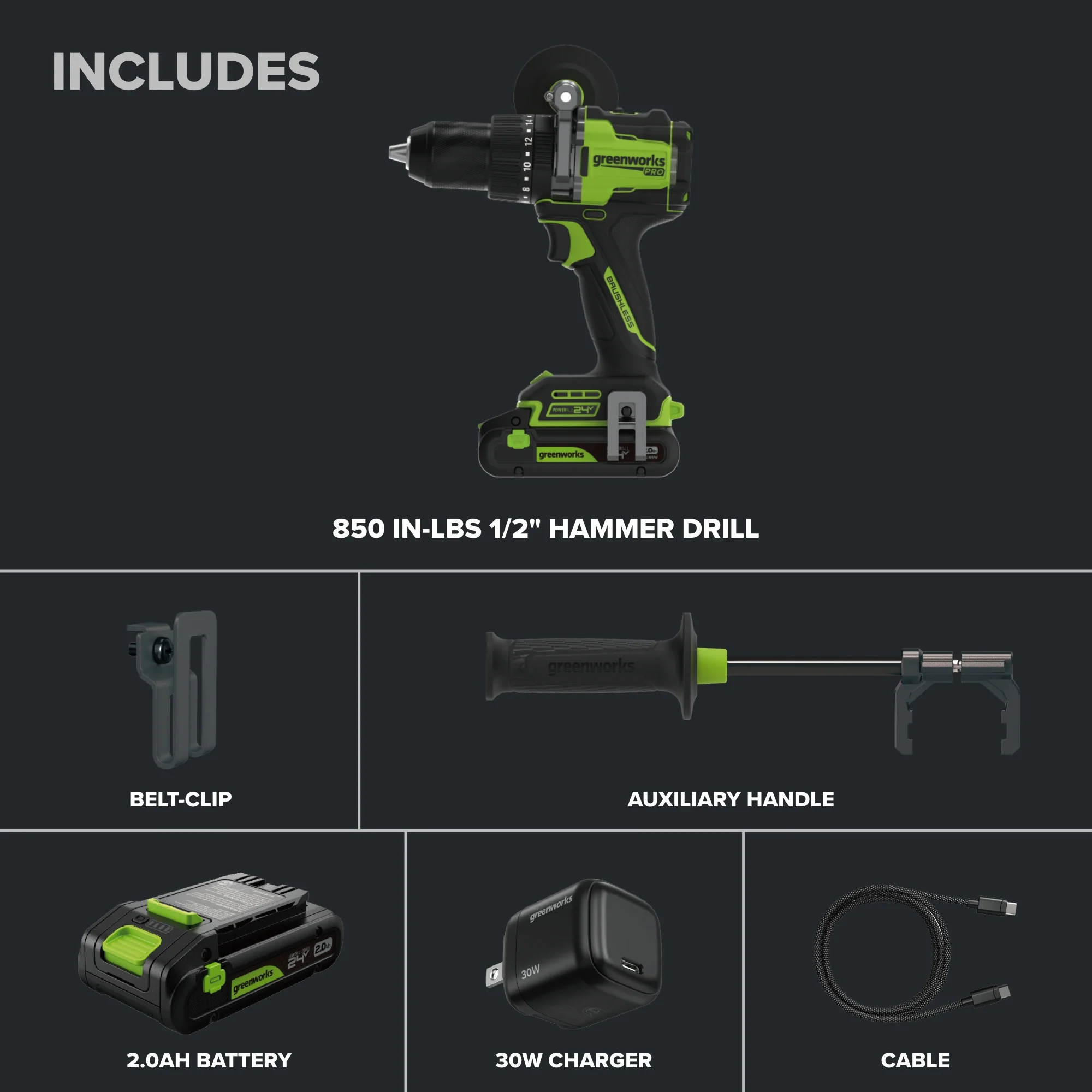 24V PowerAll Pro 850 in-lb 1/2" Hammer Drill, with 2.0 Ah USB-C Battery, 30W Charger, Belt Clip, and Auxiliary Handle - Image 4