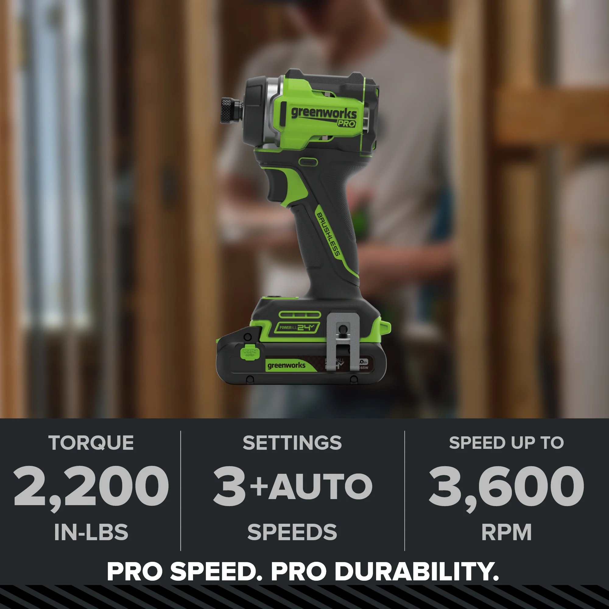 24V PowerAll Pro 2,200 In-Lb Impact Driver, with 2.0 Ah USB-C Battery, 65W USB-C Charger Block, 3' 100W USB-C Cable, Belt Clip - Image 2