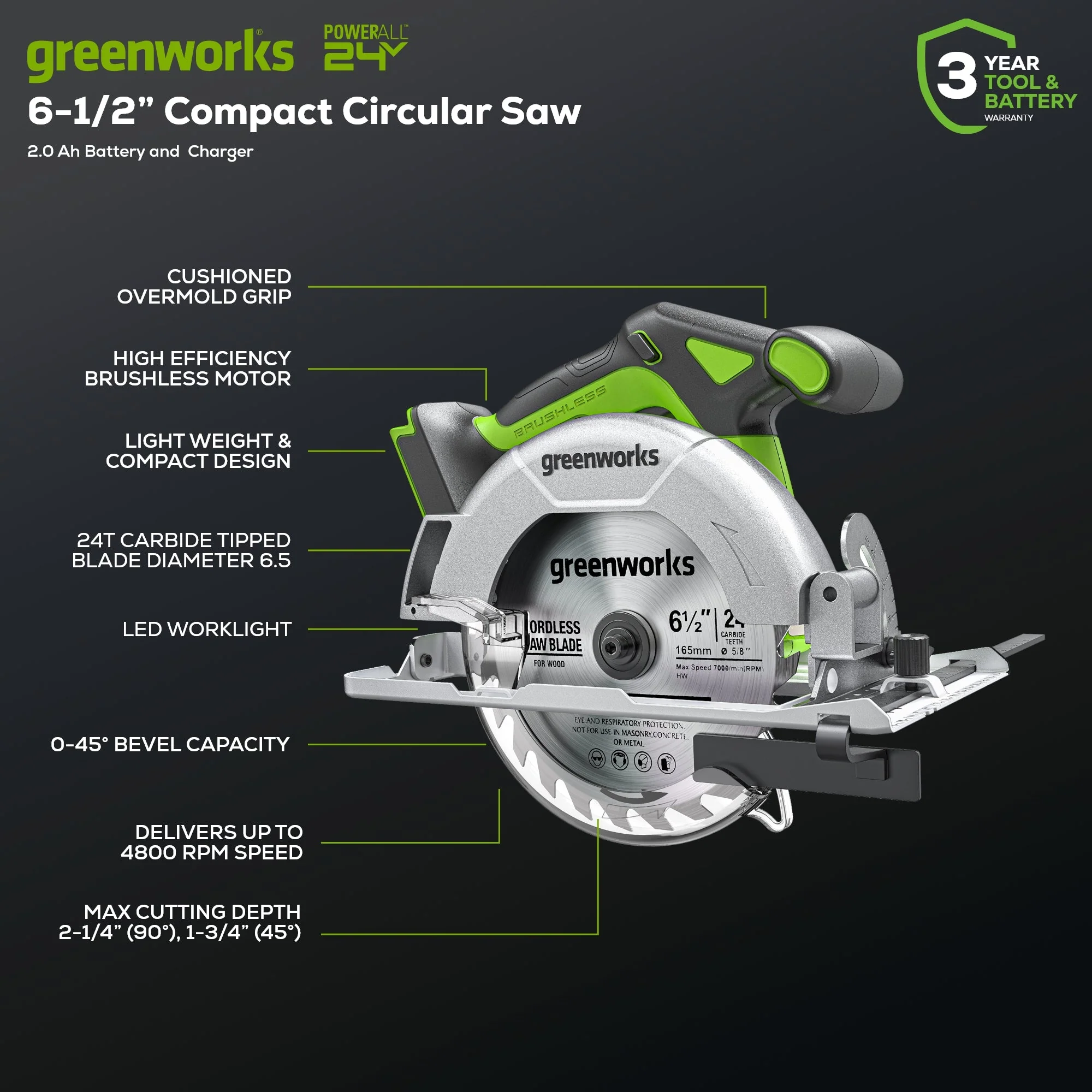 24V 6.5" Cordless Battery Brushless Circular Saw (Tool Only) - Image 3