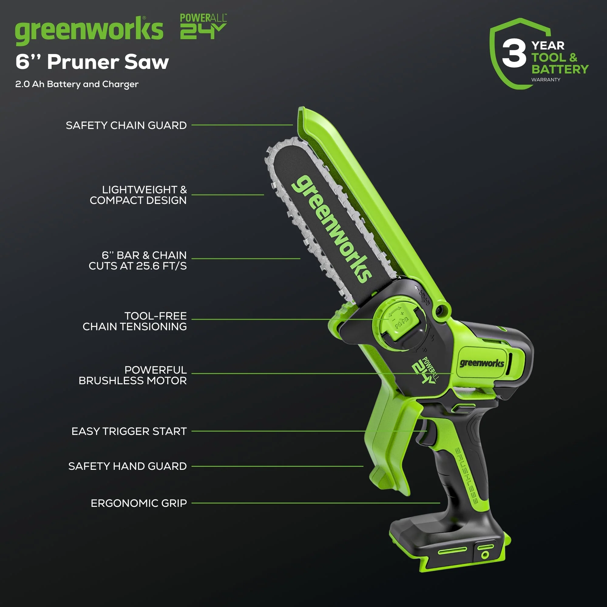 24V 6" Cordless Battery Brushless Pruner Saw: 2.0 Ah Battery and Charger - Image 3