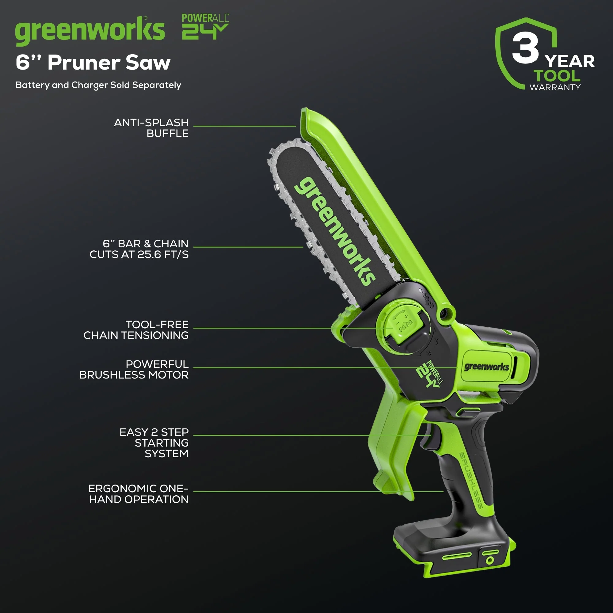 24V 6" Cordless Battery Brushless Pruner Saw (Tool Only) - Image 3