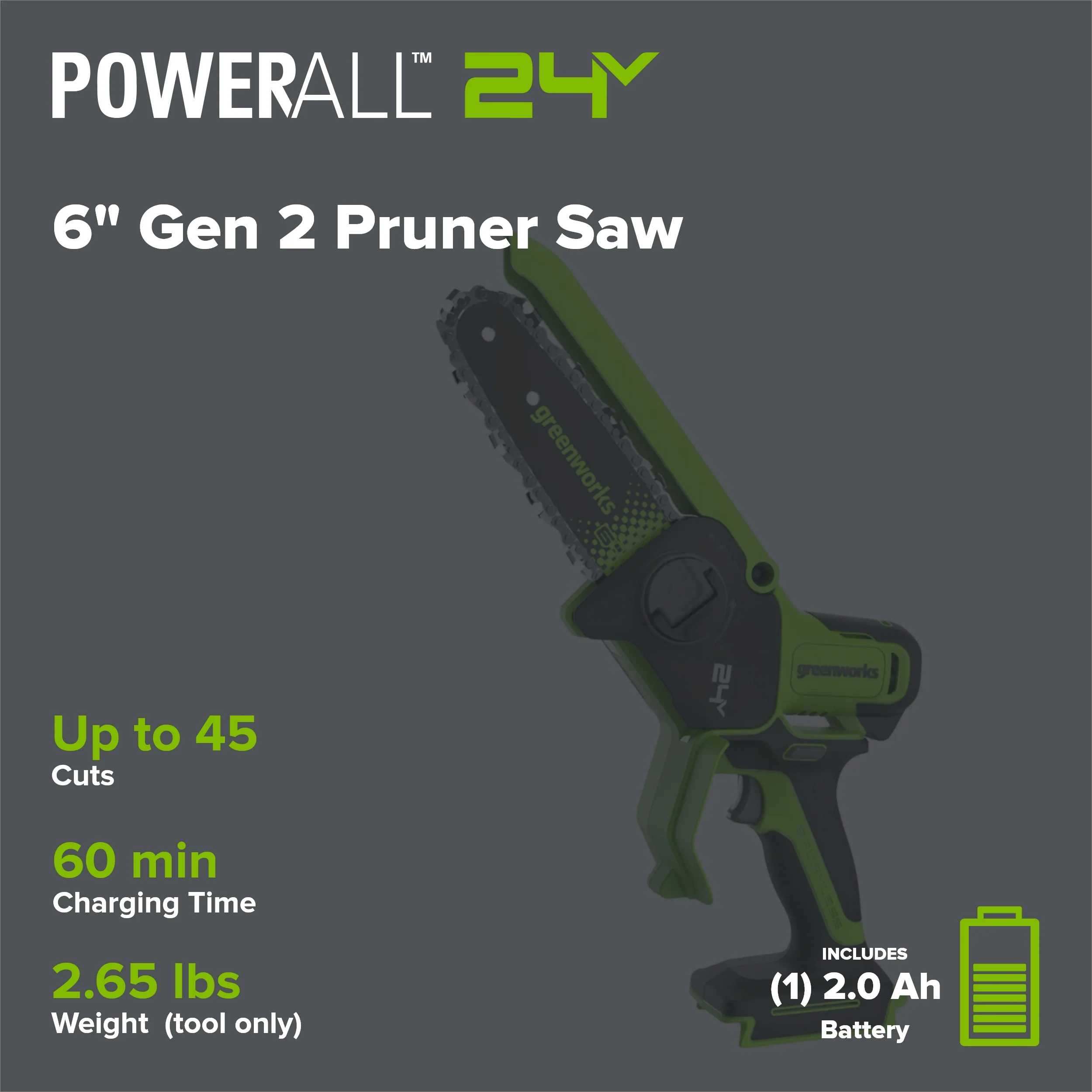 24V 6" Gen 2 Cordless Battery Brushless Pruner Saw: 2.0 Ah Battery and 2A Charger - Image 2