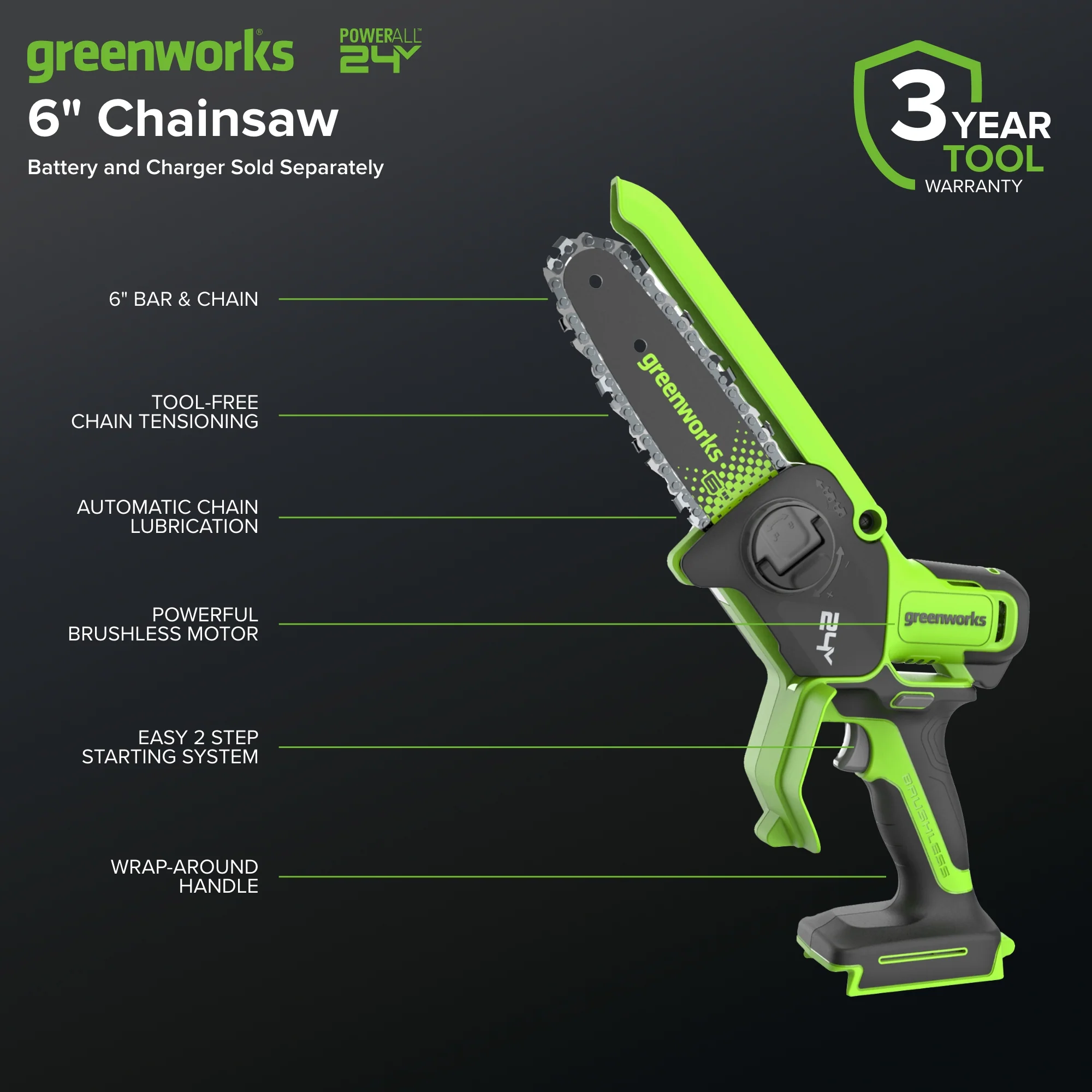 24V 6" Gen 2 Cordless Battery Brushless Pruner Saw (Tool Only) - Image 3