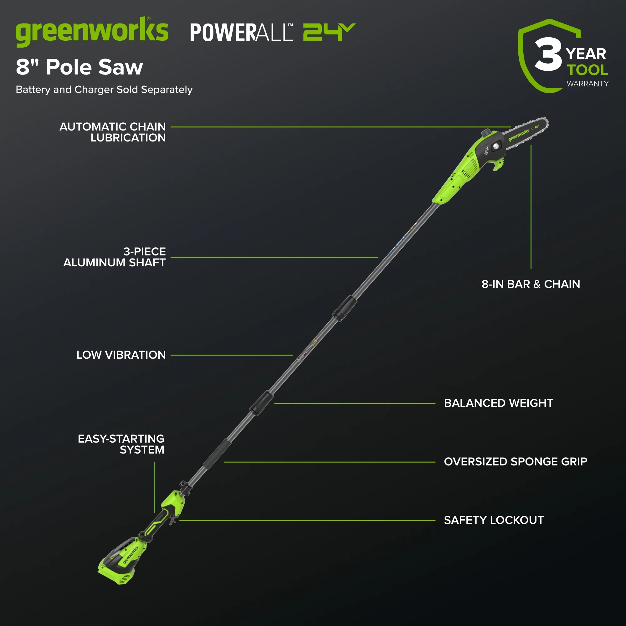 24V 8" Cordless Battery Pole Saw (Tool Only) - Image 3