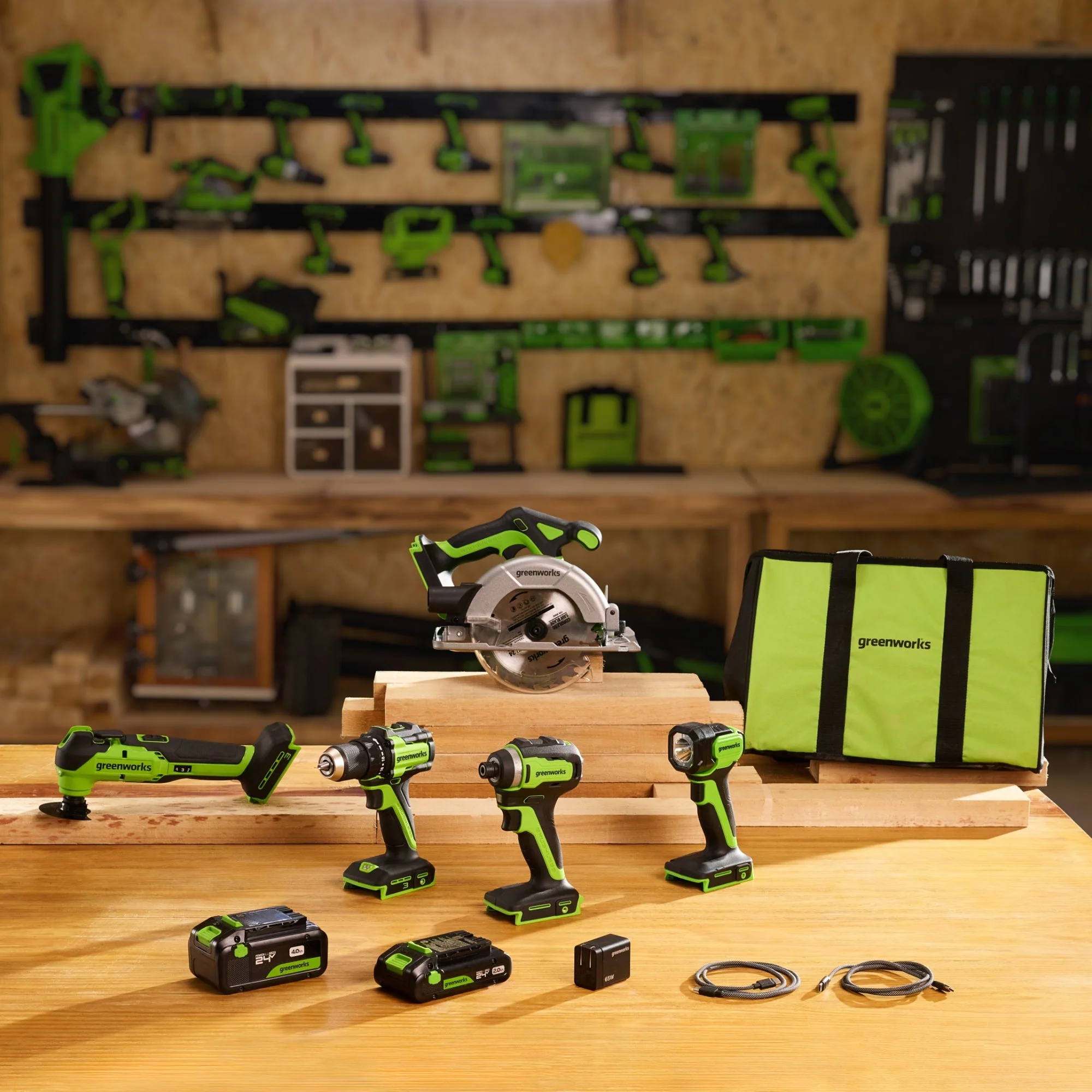 24V Brushless Power Tool 5PC Combo Kit, (1) 4.0 Ah and (1) 2.0 Ah USB-C Batteries and Charger - Image 3