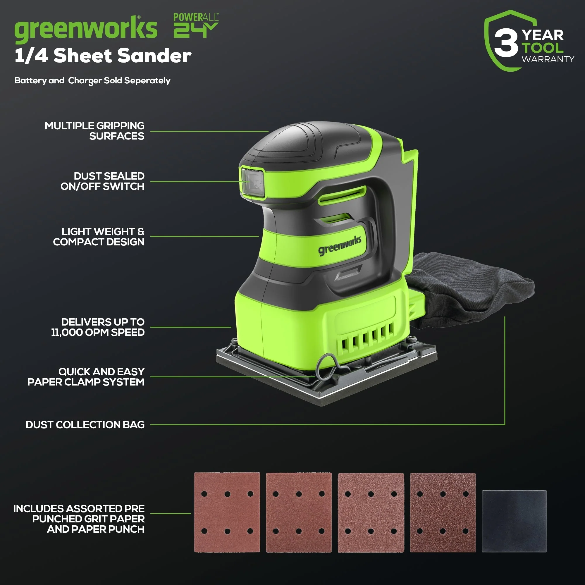 24V Cordless Battery Quarter Sheet Sander: 2.0 Ah Battery and Charger - Image 3
