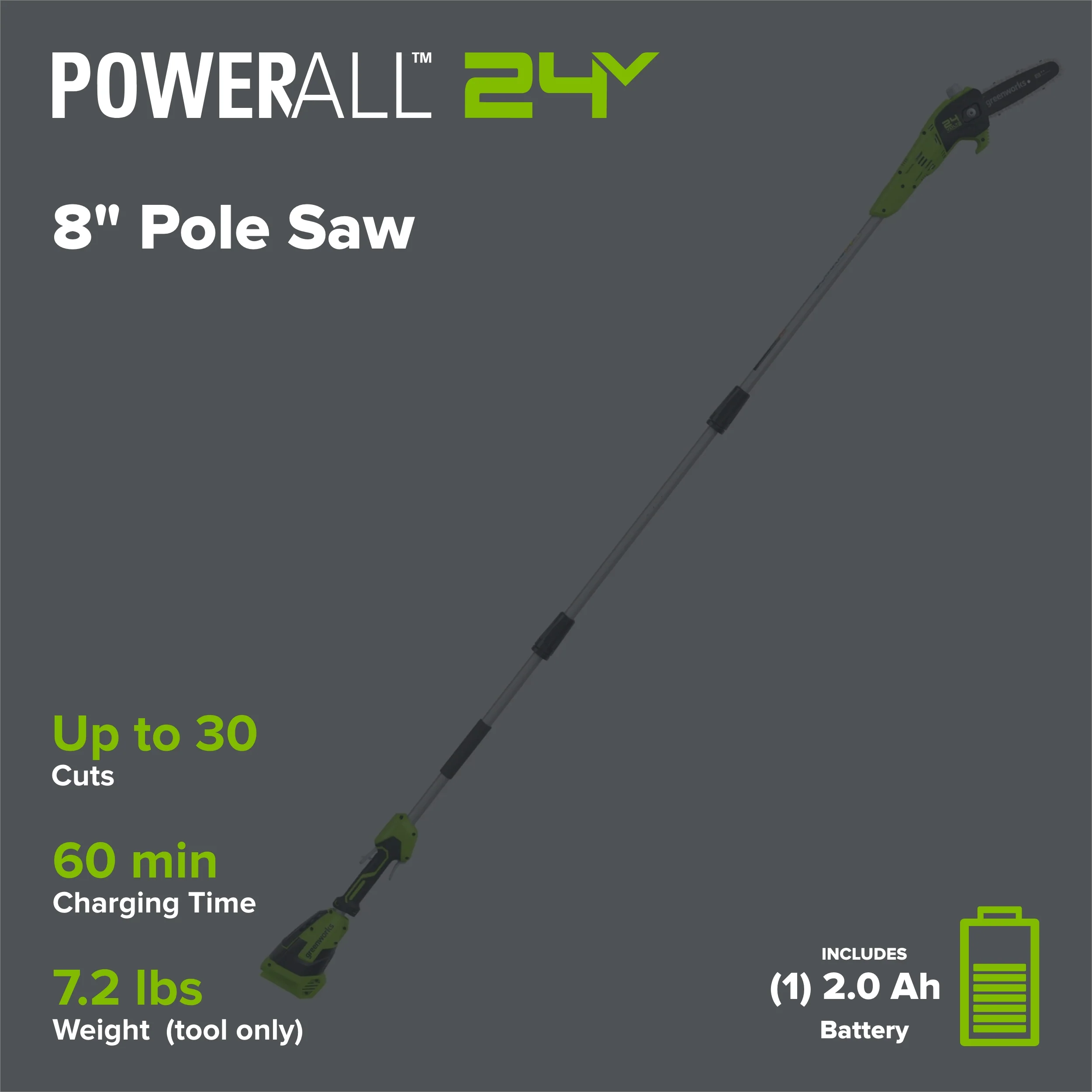 24V 8" Cordless Battery Pole Saw w/ 2.0 Ah Battery & Charger - Image 2