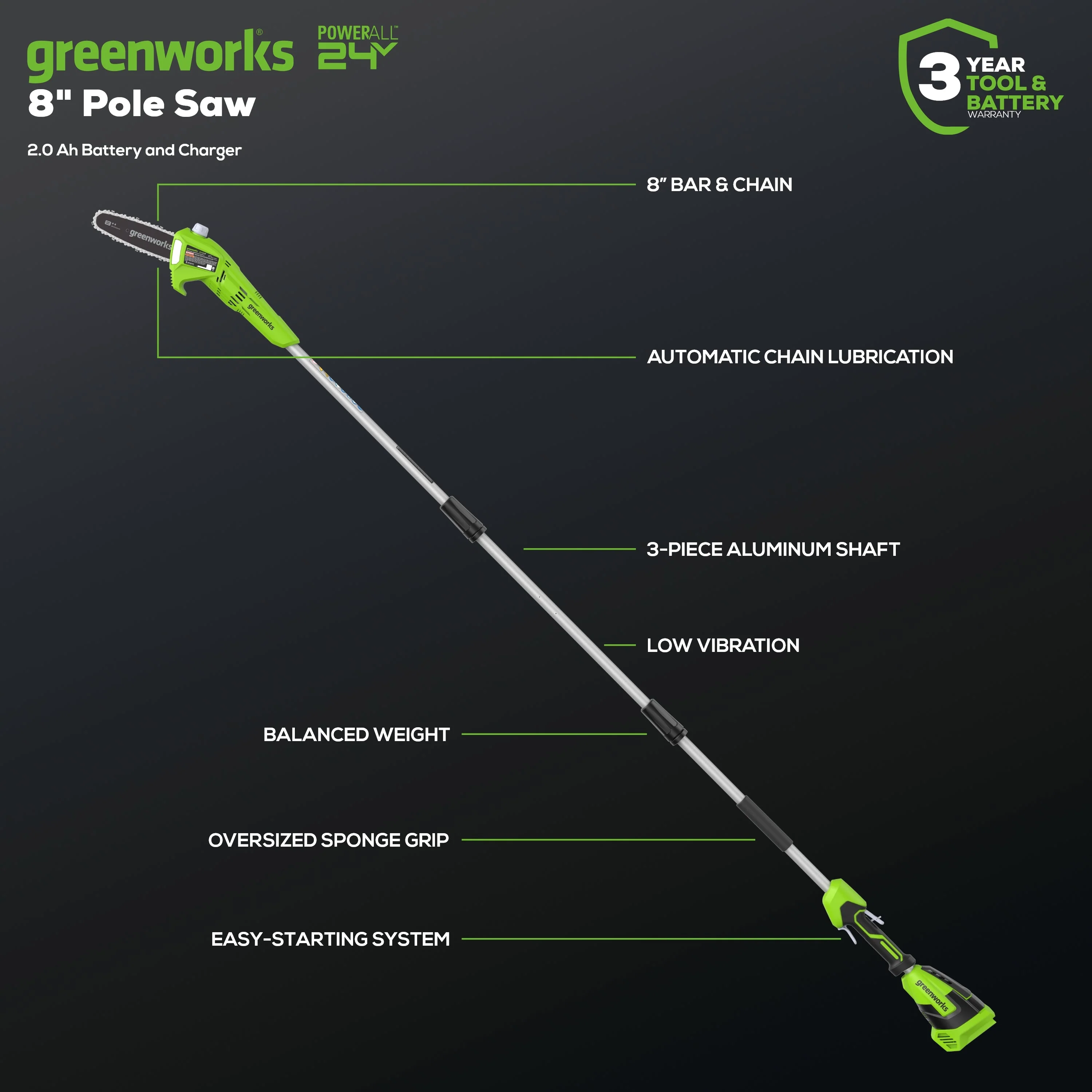 24V 8" Cordless Battery Pole Saw w/ 2.0 Ah Battery & Charger - Image 3