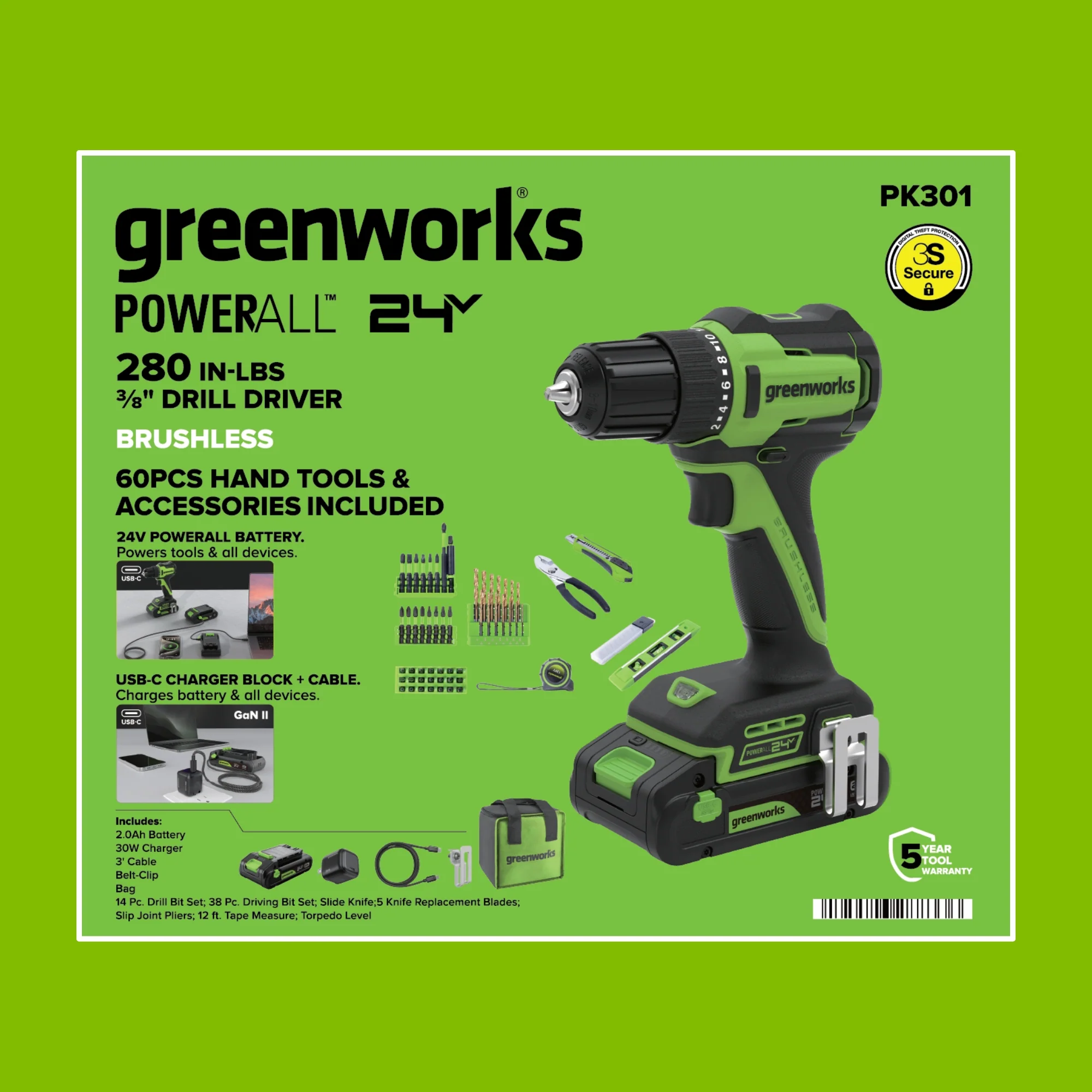 24V PowerAll 3/8" 280 in-lb Drill and 60 Piece Hand Tool/Accessories Project Kit, with 2.0 Ah USB-C Battery, 30W USB-C Charger Block, Carrying Bag - Image 13