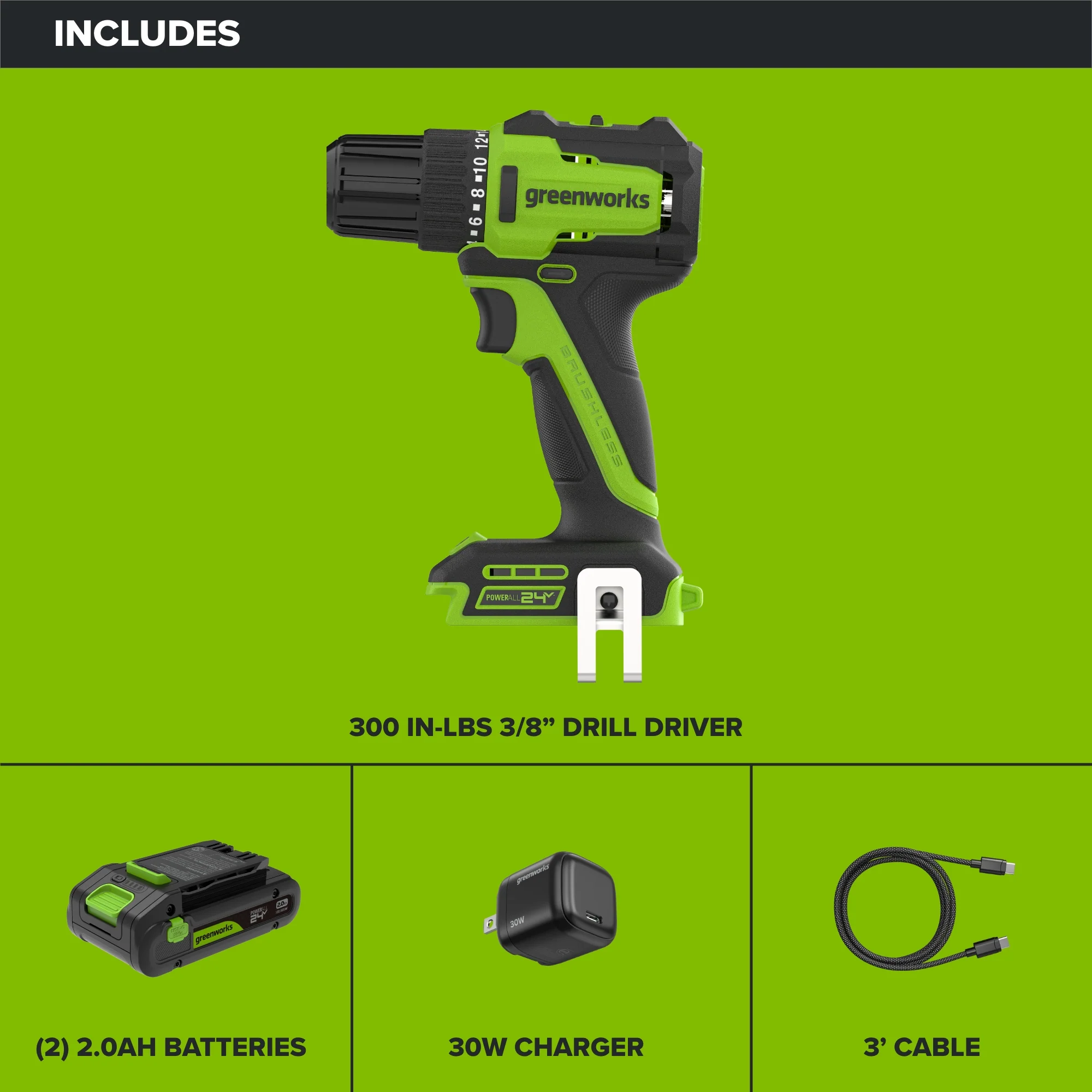 24V PowerAll 3/8" 280 in-lb Drill, with 2.0 Ah USB-C Battery, 30W USB-C Charger Block, 3' 100W USB-C Cable - Image 4