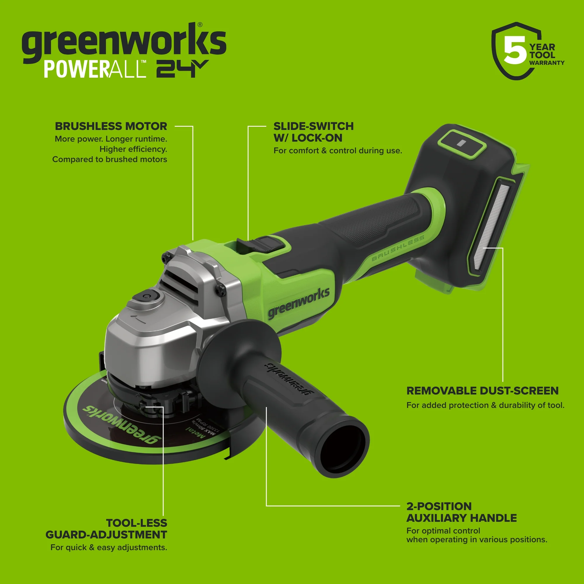 24V PowerAll 4-1/2" Angle Grinder, with Handle, Grinding Wheel, and Guards - Image 4