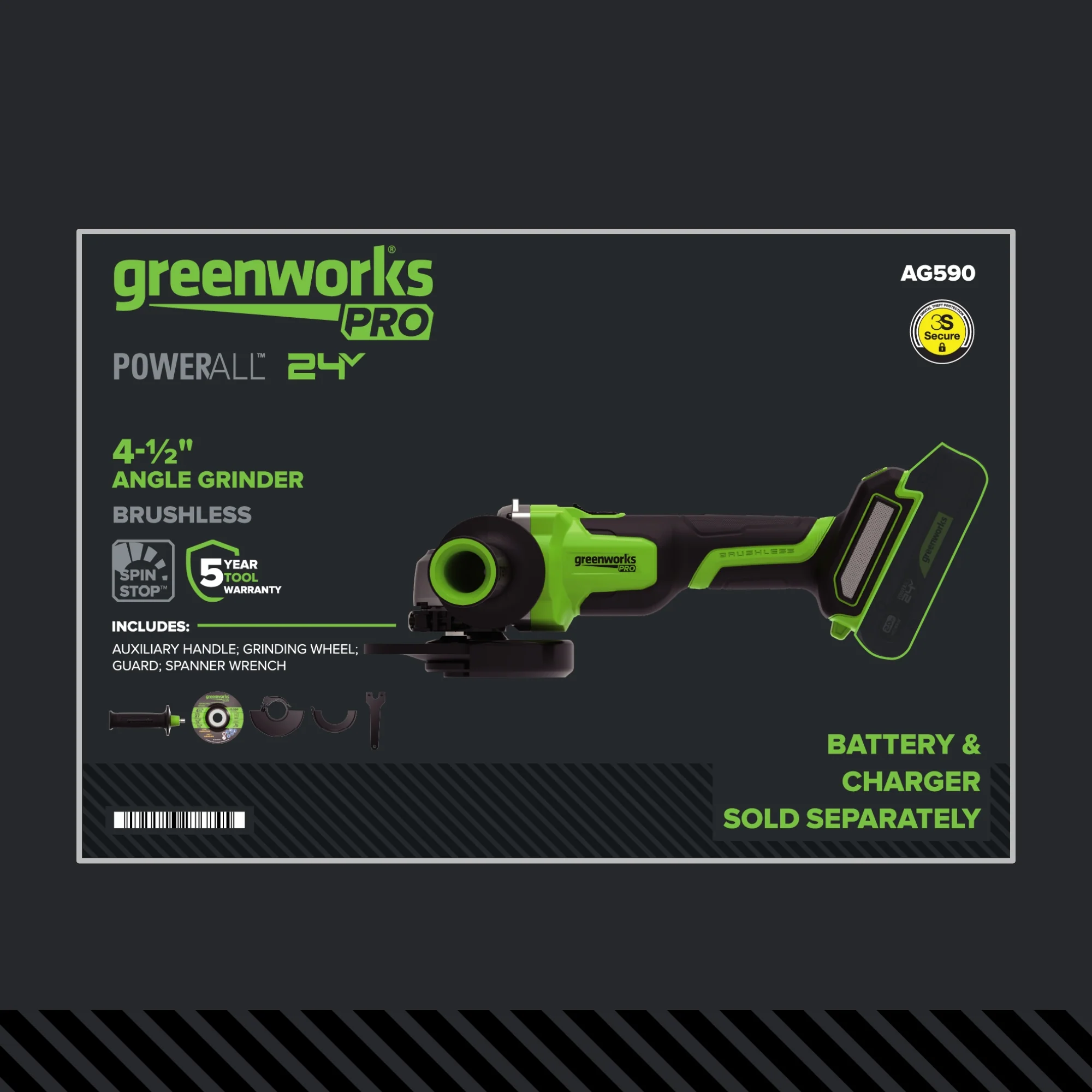 24V PowerAll Pro 4-1/2" Angle Grinder, with Handle, Grinding Wheel, Guards, and Spanner Wrench - Image 20