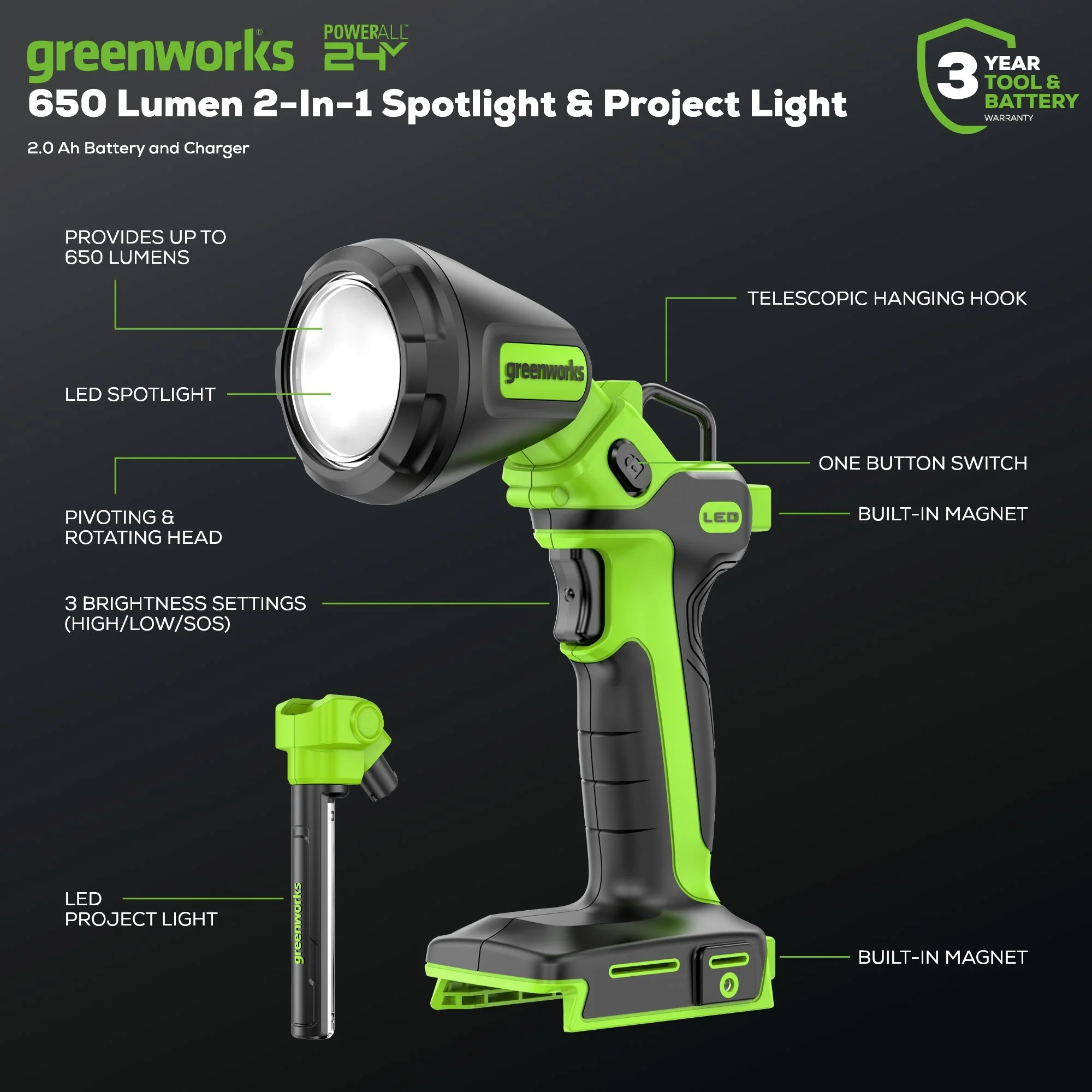 24V Cordless Battery 2-in-1 Work Light: 2.0 Ah Battery and Charger - Image 2