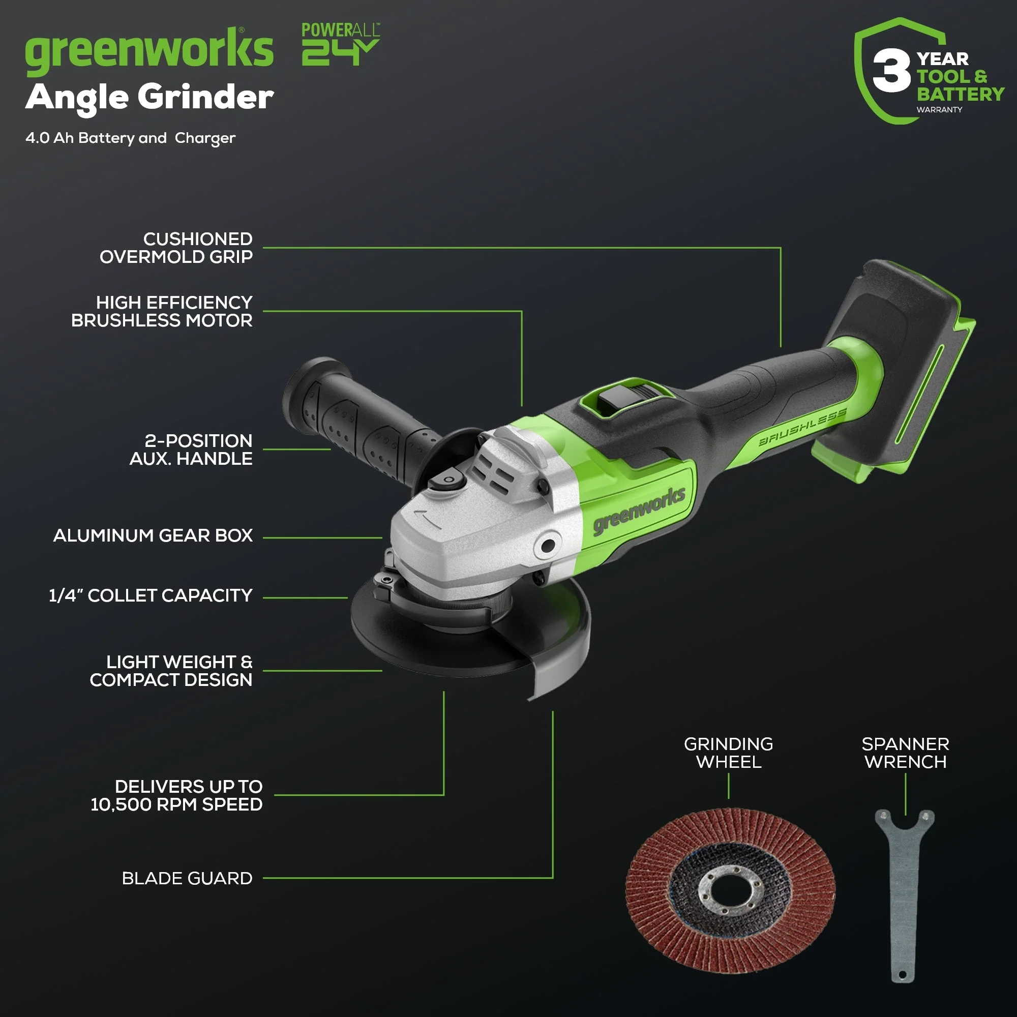 24V 4.5" Cordless Battery Angle Grinder w/ 4.0Ah Battery & Charger - Image 3