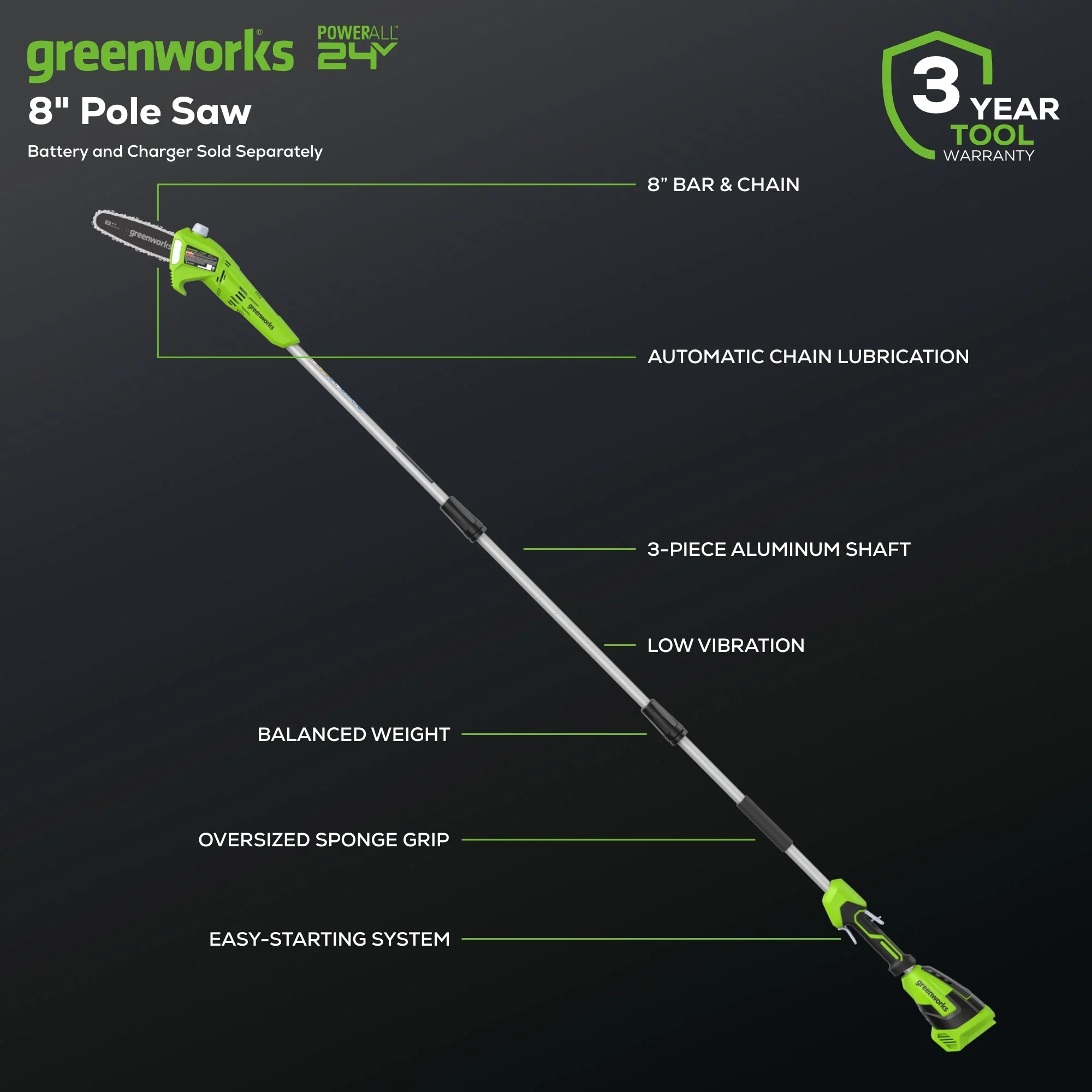 24V 8" Cordless Battery Pole Saw (Tool Only) - Image 3