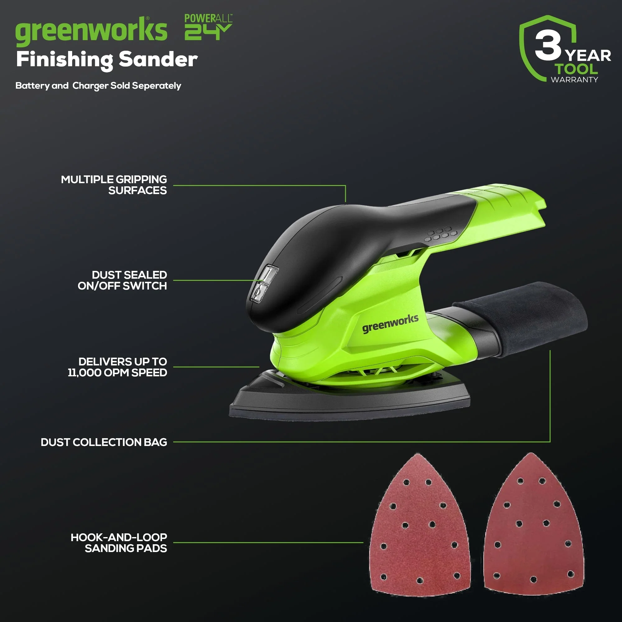 24V Cordless Battery Corner Finishing Sander (Tool Only) - Image 3