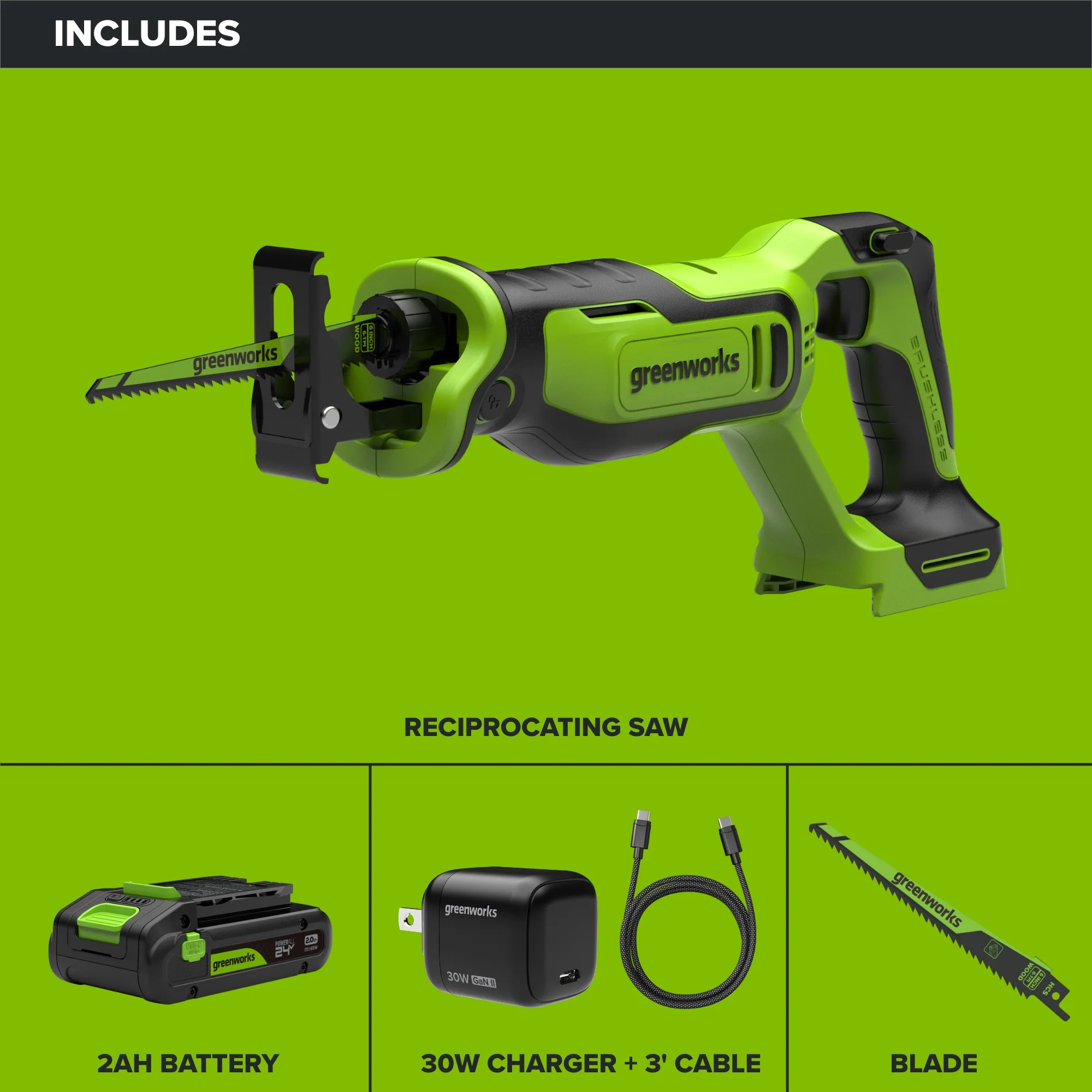 24V PowerAll 1-1/4" Reciprocating Saw with Blade, 2.0 Ah USB-C Battery and 30W USB-C Fast Charger,3,200 SPM - Image 4