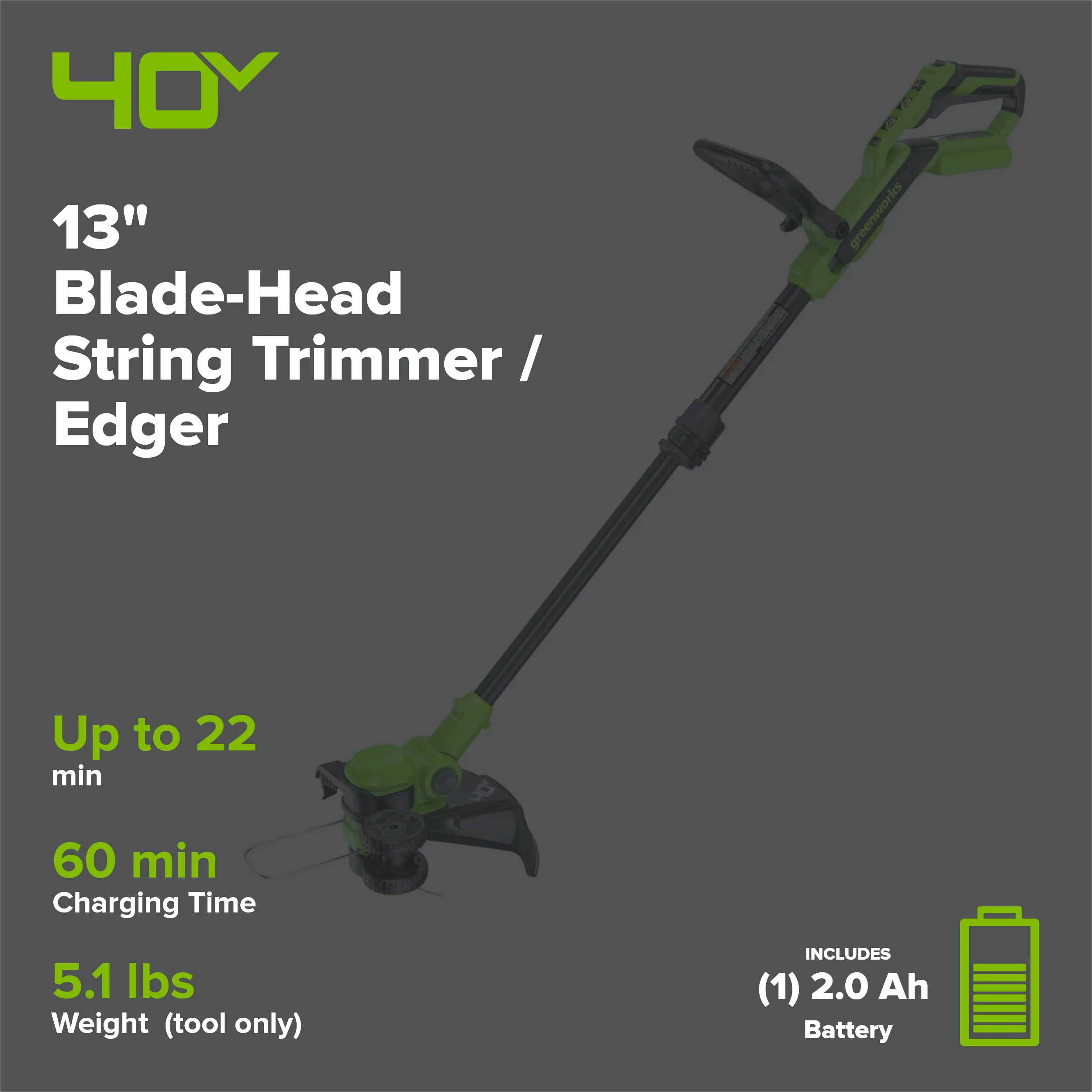 40V 13" Cordless Battery String Trimmer / Edger, 20PC Blades, (1)2.0 Ah Battery and (1)2A Charger - Image 2