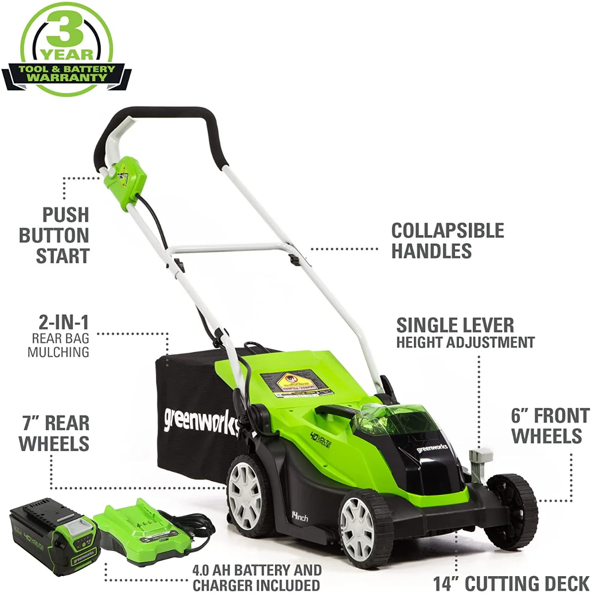 40V 14" Cordless Battery Push Lawn Mower: 4.0 Ah Battery and Charger, LM1404 - Image 3