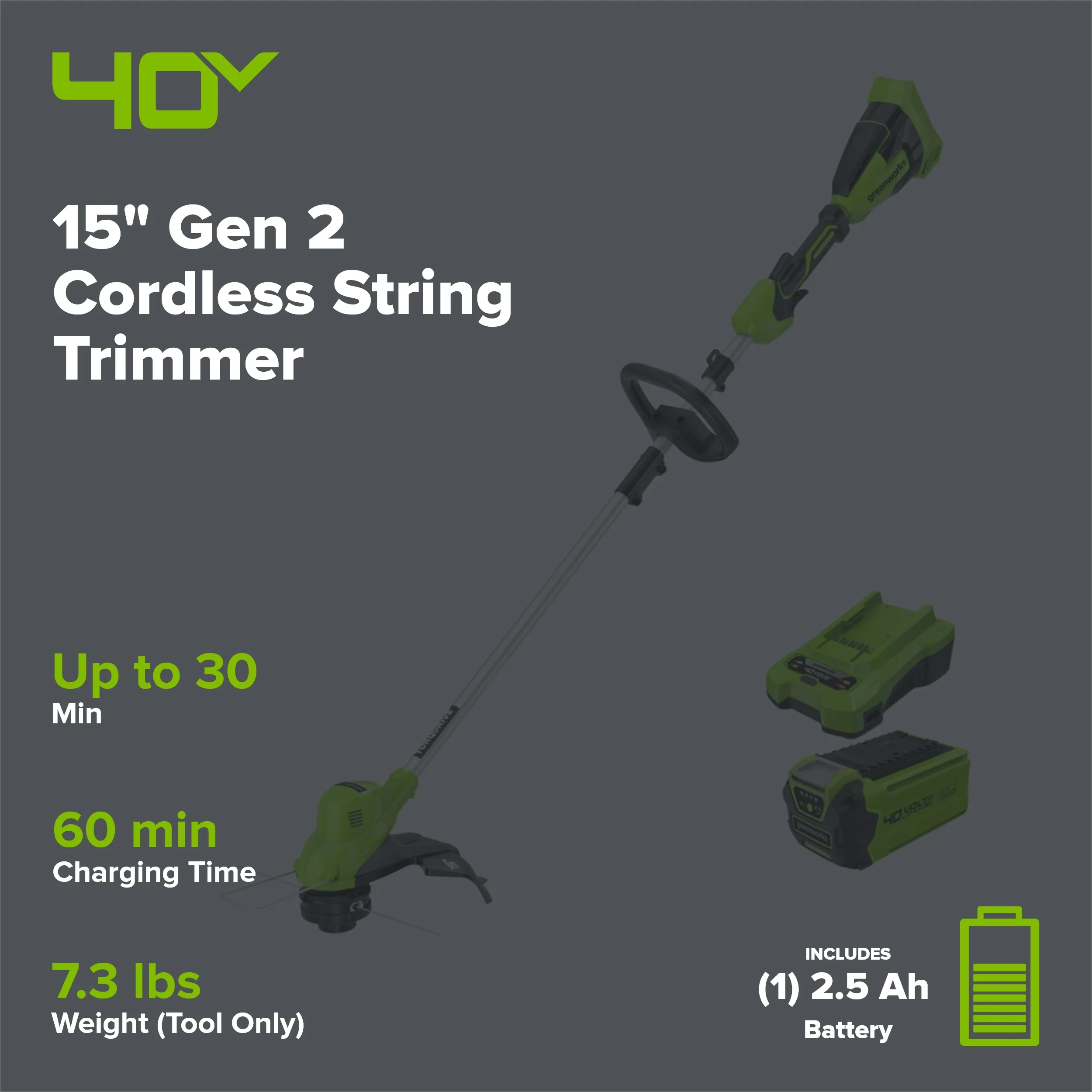 40V 15" Gen 2 Cordless String Trimmer: 2.0 Ah Battery and Charger - Image 2