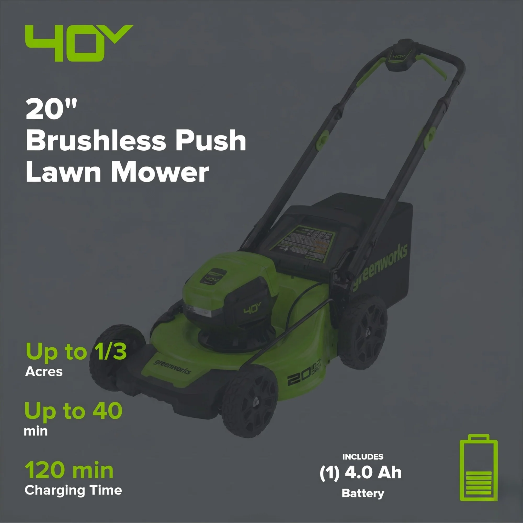 40V 20" Cordless Battery Push Mower 3pc Combo Kit: 4.0 Ah Battery and Charger - Image 2