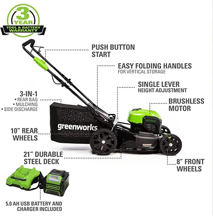 40V 21" Cordless Battery Brushless Push Lawn Mower: 5.0 Ah USB Battery and Charger, LM2104 - Image 3