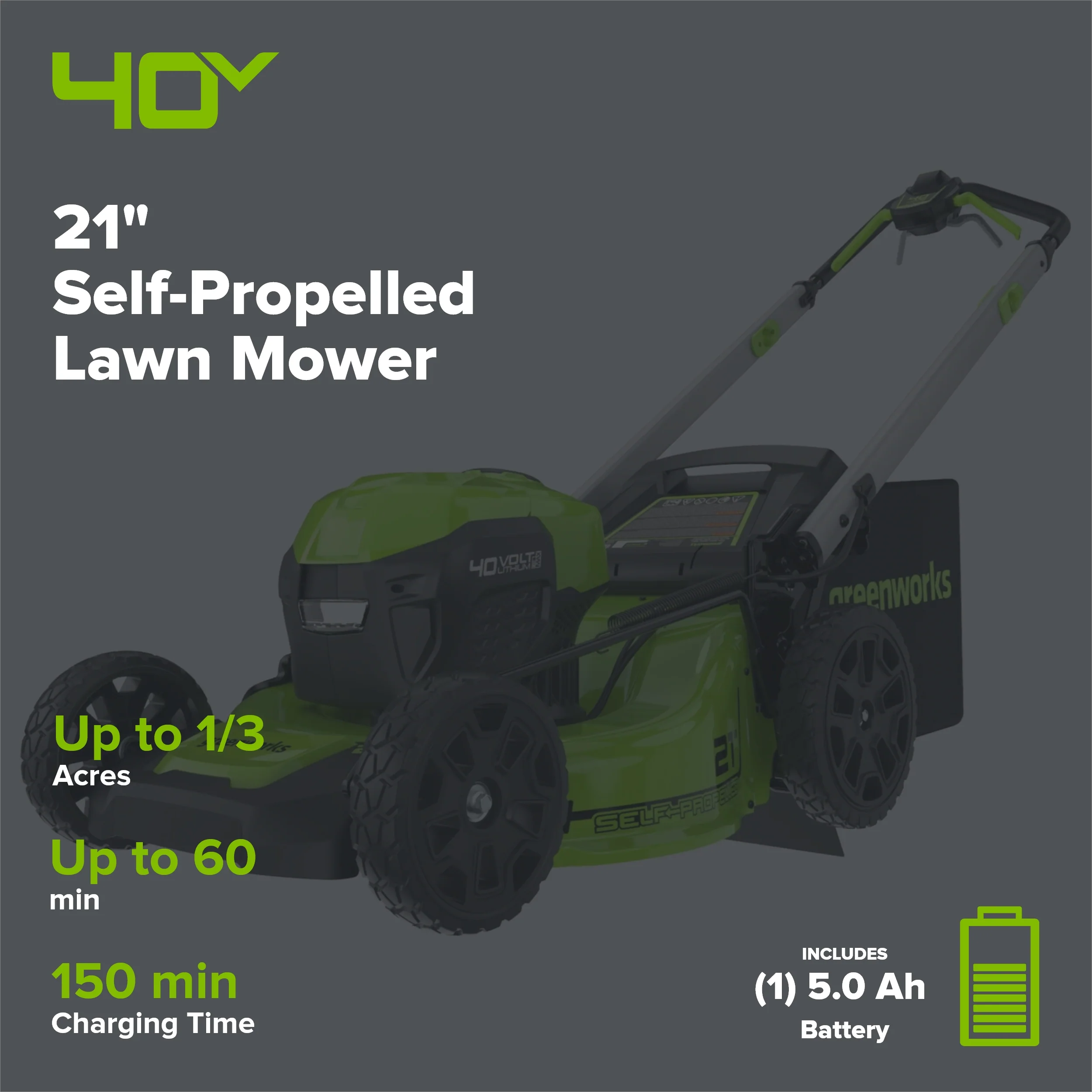 40V 21" Cordless Battery Self-Propelled Lawn Mower: 5.0 Ah USB Batteries and Charger, LM2154S - Image 2
