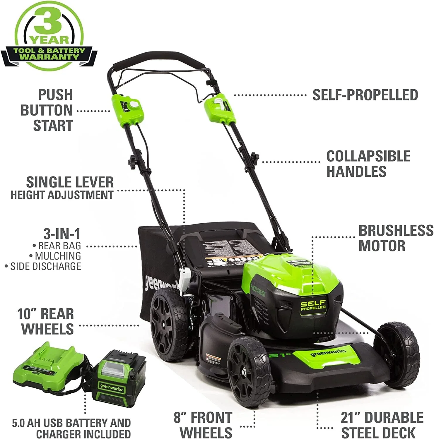 40V 21" Cordless Battery Self-Propelled Lawn Mower: 5.0 Ah USB Battery and Charger, LM2104S - Image 3