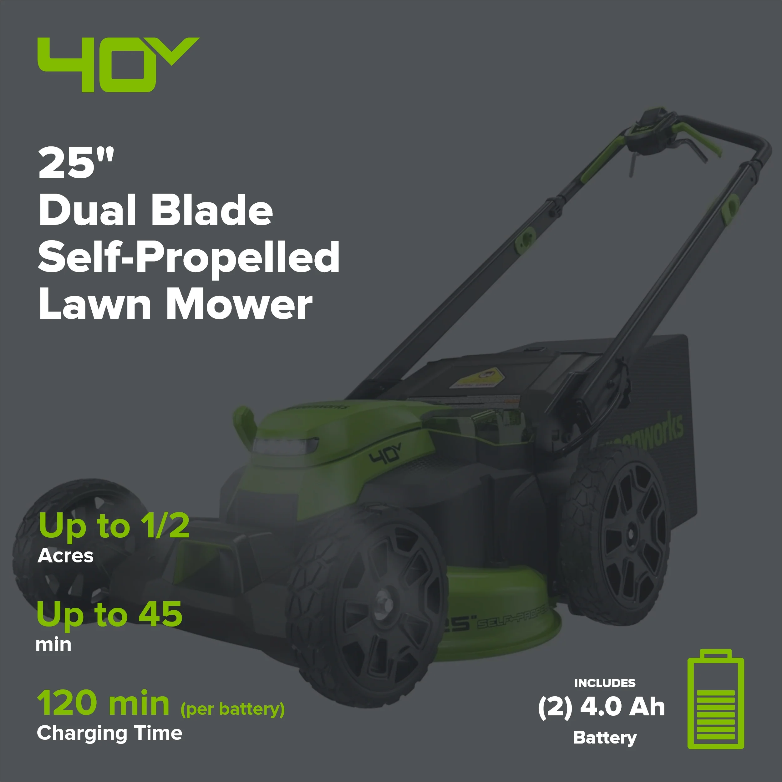 40V 25" Cordless Battery Brushless Dual Blade Self-Propelled Lawn Mower: (2) 4.0 Ah Batteries and Dual-Port Charger, LM2504S - Image 2