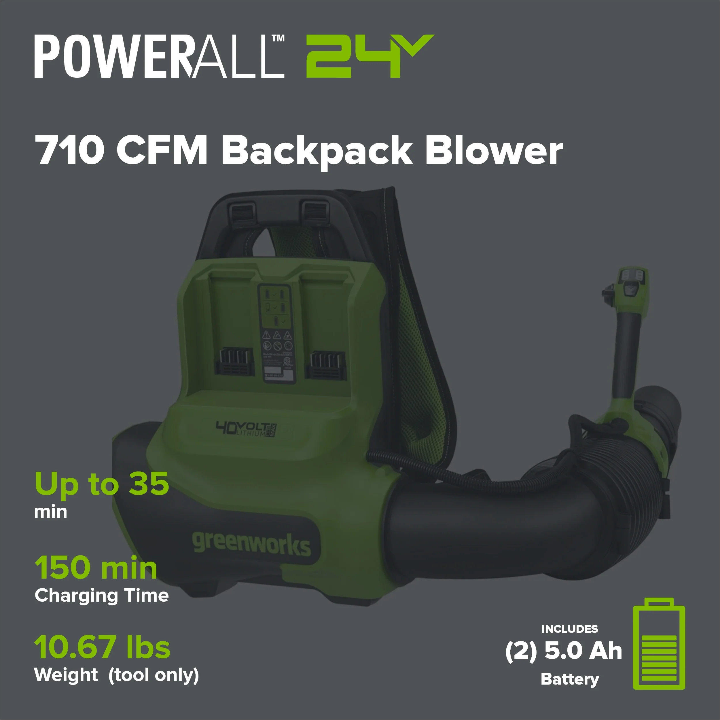 40V 710 CFM Cordless Battery Dual-Port Backpack Blower: (2) 5.0Ah Battery and Charger - Image 2