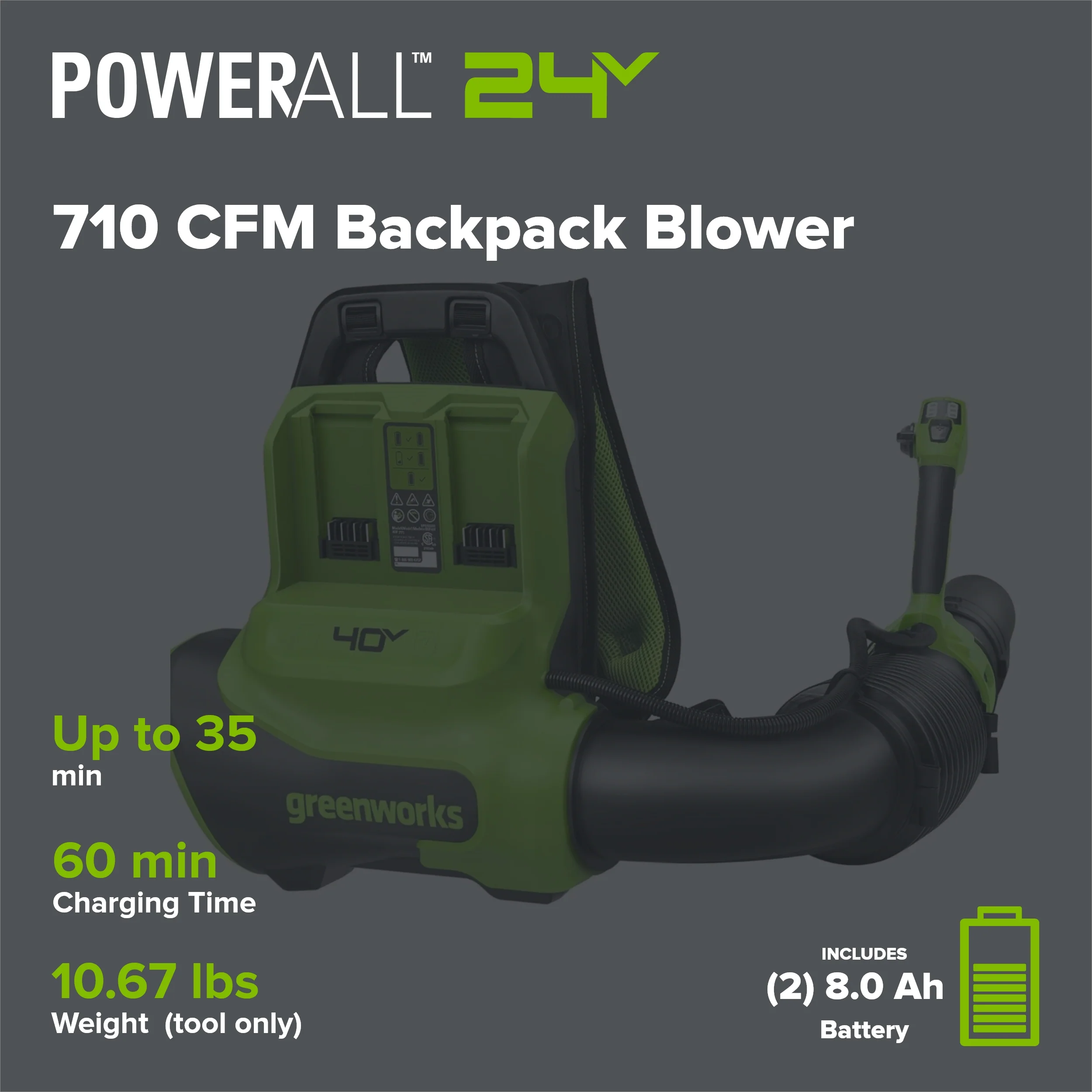 40V 710 CFM Cordless Battery Dual-Port Backpack Blower: (2) 8.0 Ah Battery and Charger - Image 2