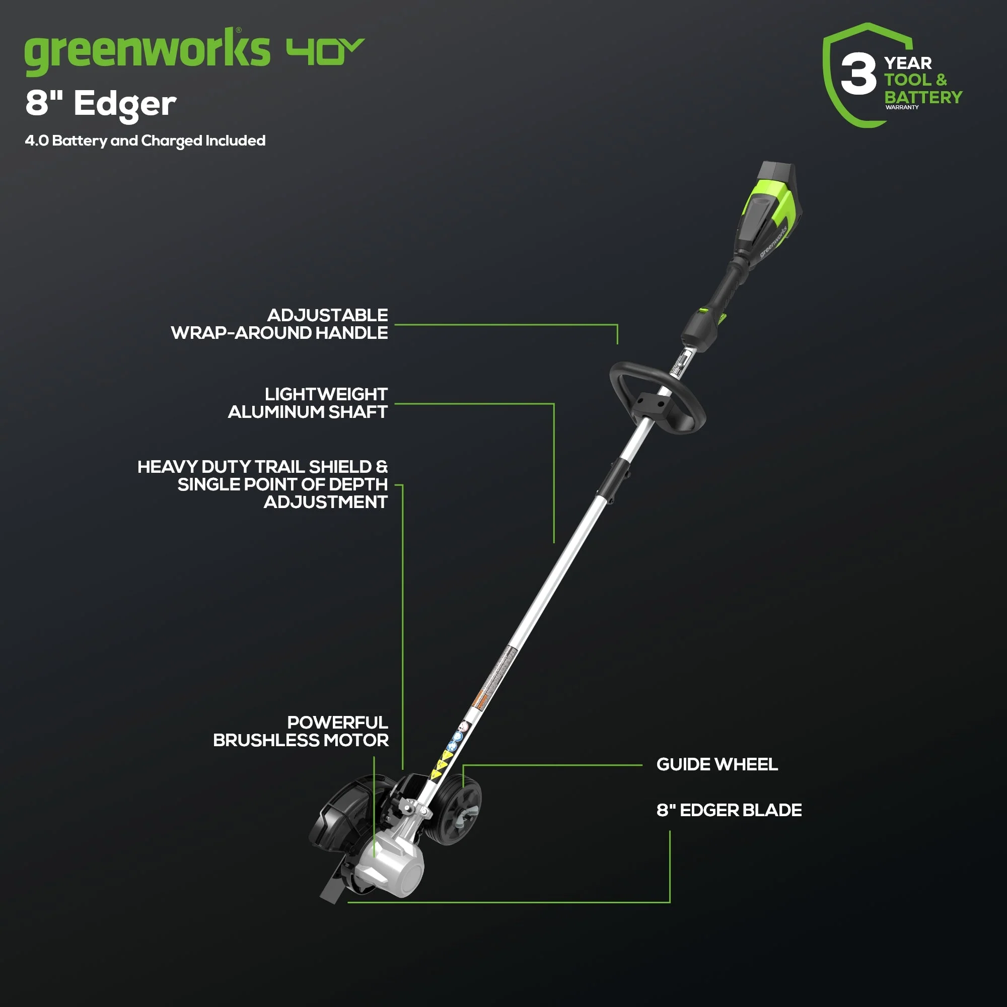 40V 8" Cordless Battery Edger and 12" String Trimmer Combo Kit w 4.0 Ah Battery and Charger - Image 3