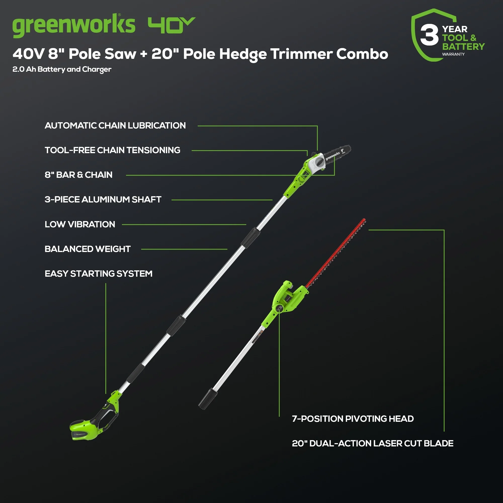 40V 8" Cordless Battery Pole Saw and Hedge Trimmer Attachment: 2.0 Ah Battery and Charger - Image 3