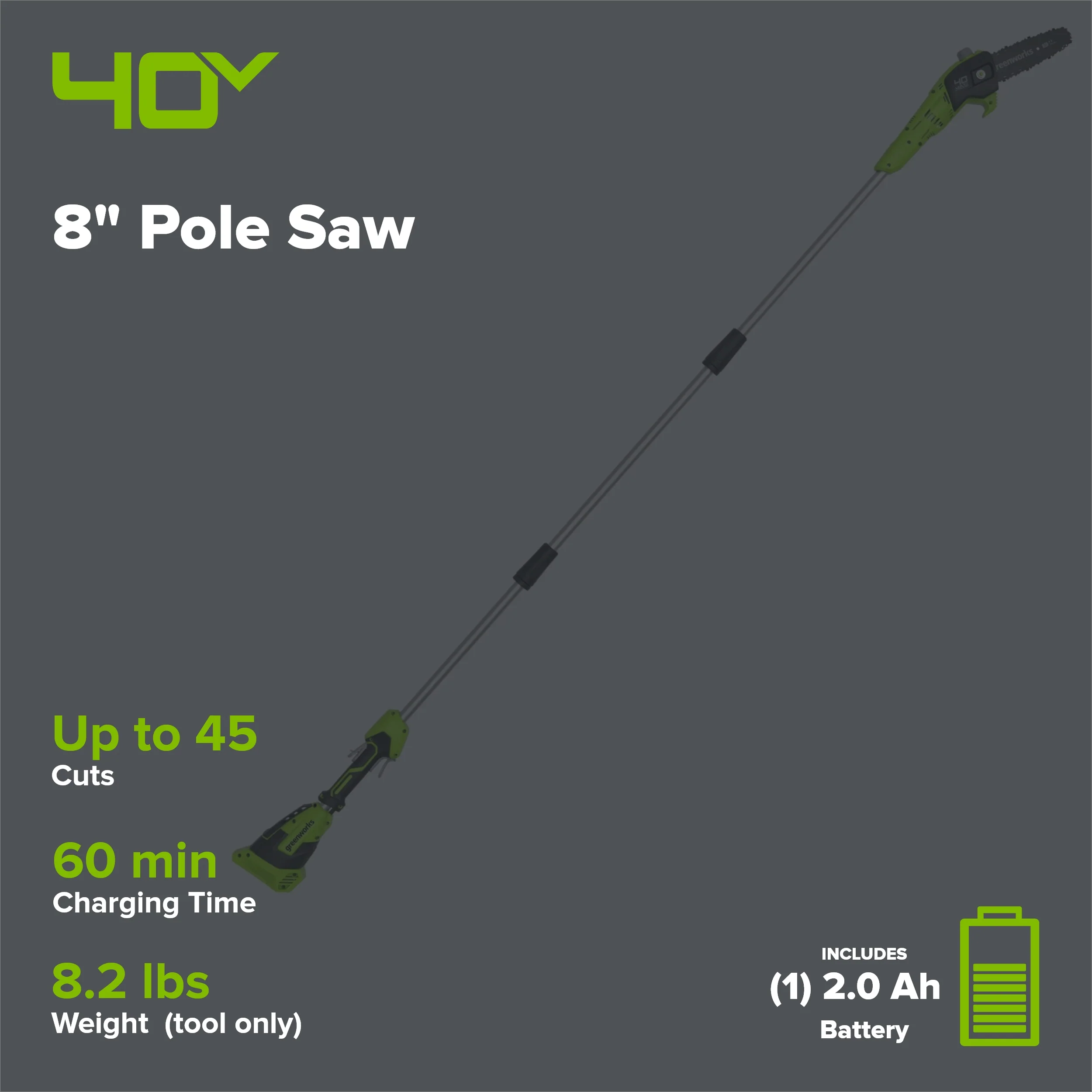40V 8" Cordless Battery Pole Saw: 2.0 Ah Battery and Charger - Image 2