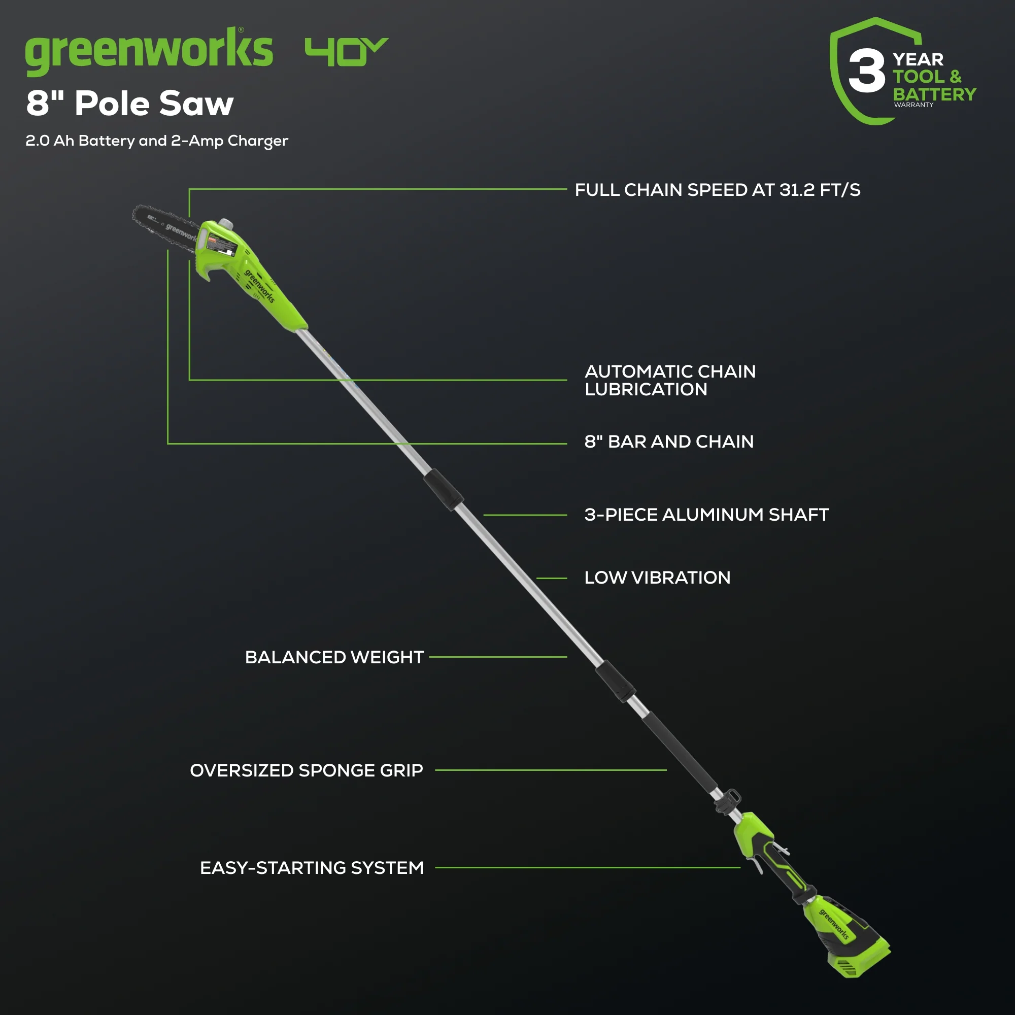 40V 8" Cordless Battery Pole Saw: 2.0 Ah Battery and Charger - Image 3